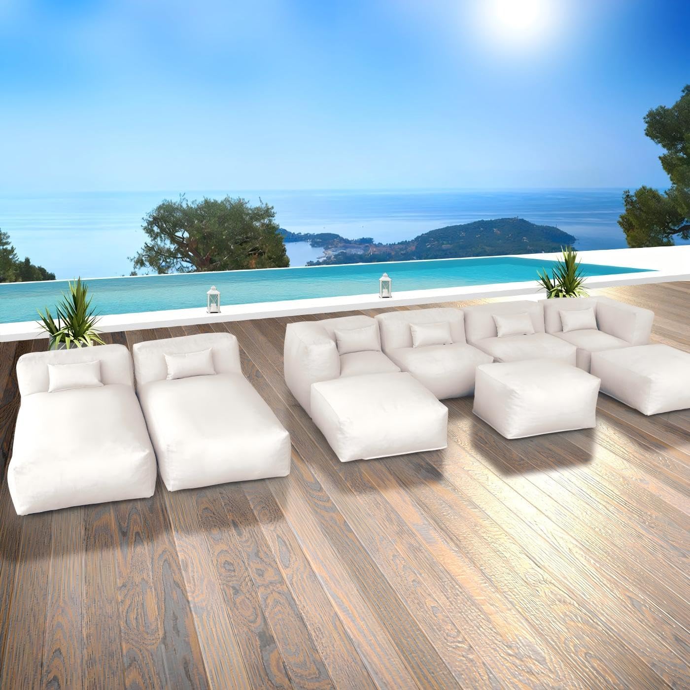 Dineli ANNYH Patio Modern Outdoor Furniture Sectional Conversation Set - Combines 2Lounger 2Middle 2Corner 3Ottoman Exp Foam Filled Chairs.A Unique Modular Contemporary Sofa (Light Beige)