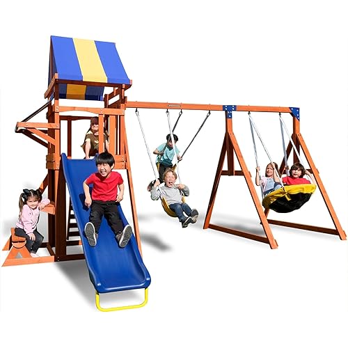 Sportspower Willow Creek Outdoor Kids Wooden Swing Set, Brown/Blue/Yellow (WP-603)