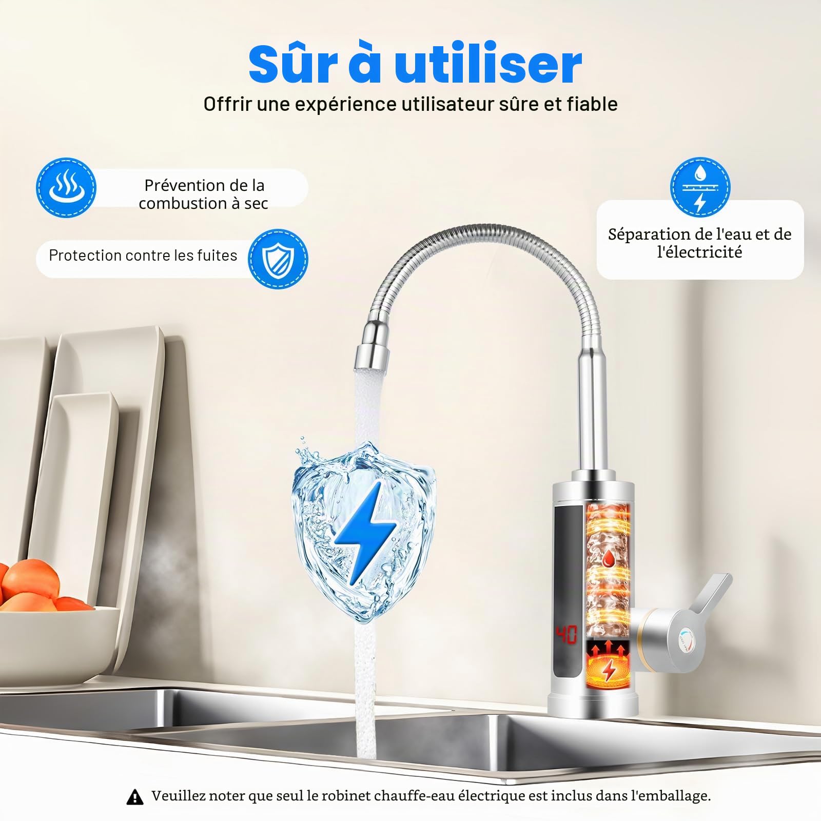 MINRS Robinet avec chauffe-eau, robinet électrique avec indicateur de température LED, sortie rotative à 360°, chauffe-eau électrique avec protection contre les fuites pour maison, hôtel, restaurant