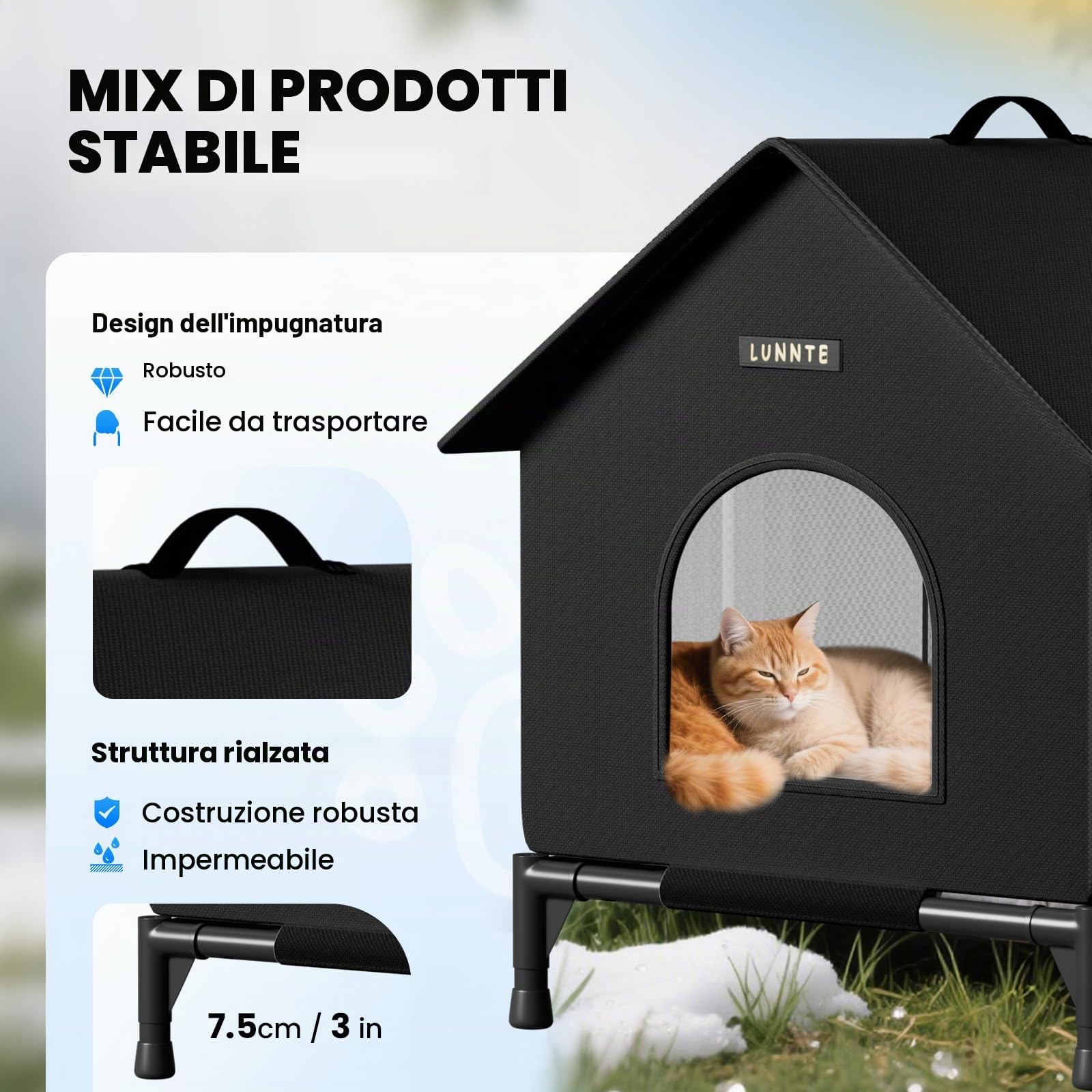 Cuccia per gatti da esterno con design rialzato, impermeabile, per esterni, calda grotta per cani con tenda per porta, lavabile, riparo per animali domestici randagi (nero, L)