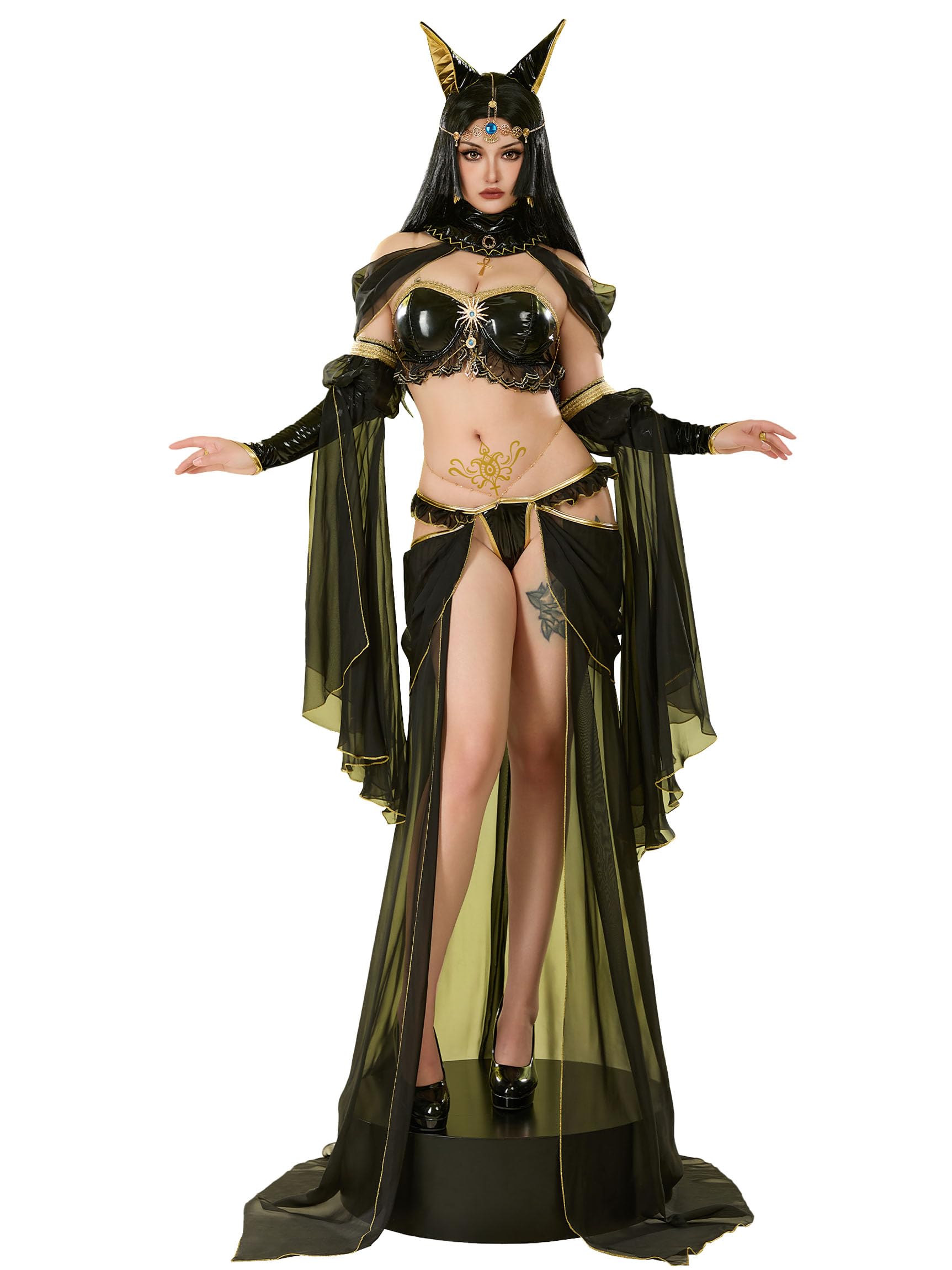 Mobbunny Women Anime Cosplay Sexy Costume Black Top Thong and Chiffon Skirt Egyptian Costume with Sleeves and Chain Halloween: X-Large Black