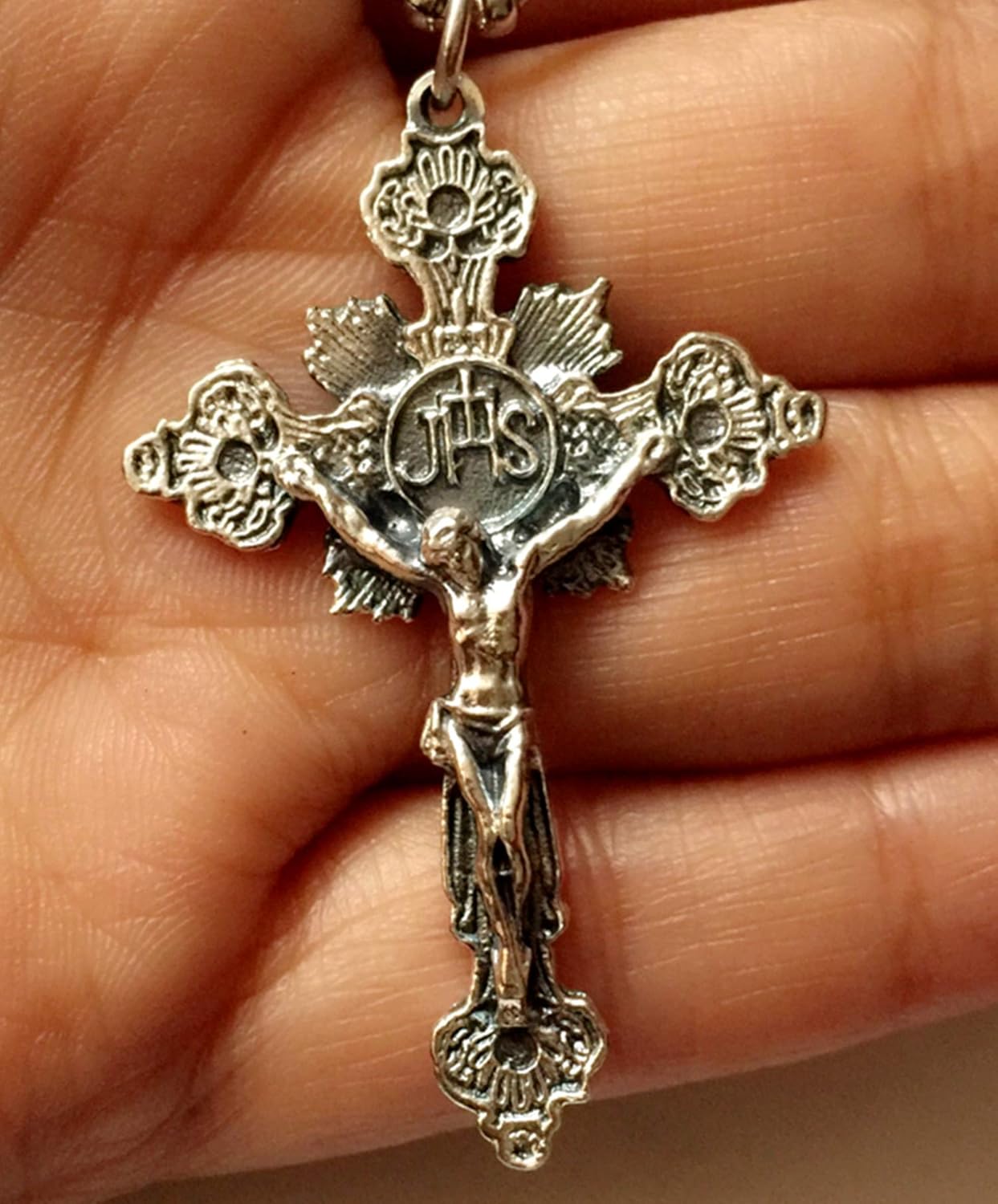elegantmedical S925 Sterling Silver Large Crucifix Cross rosary part necklace pendant catholic gift - Image 2