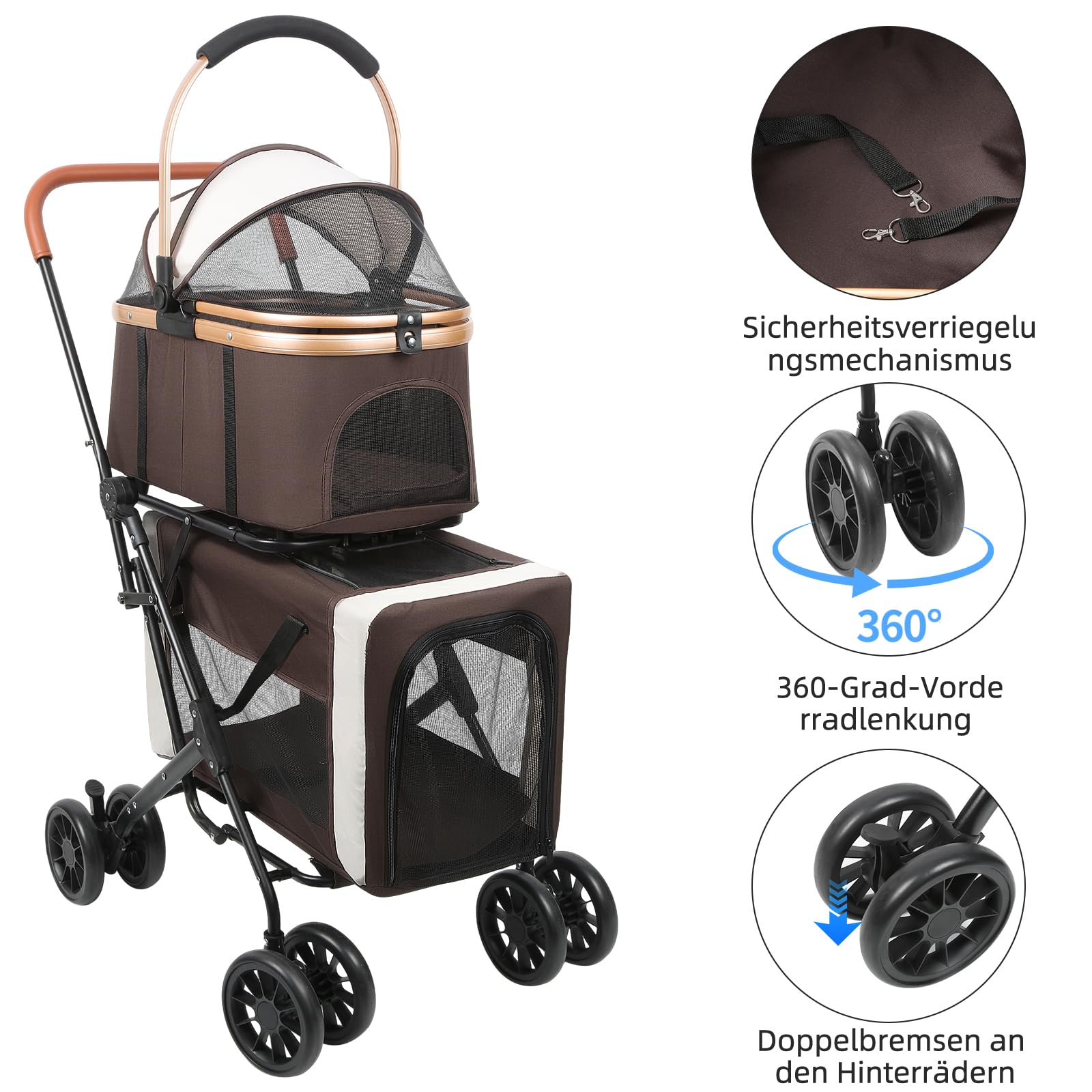 Homewell Passeggino per cani 2 in 1, passeggino per animali domestici a doppio piano, passeggino per cani di piccola taglia, passeggino per animali domestici con finestre a rete, fino a 40 kg (caffè)