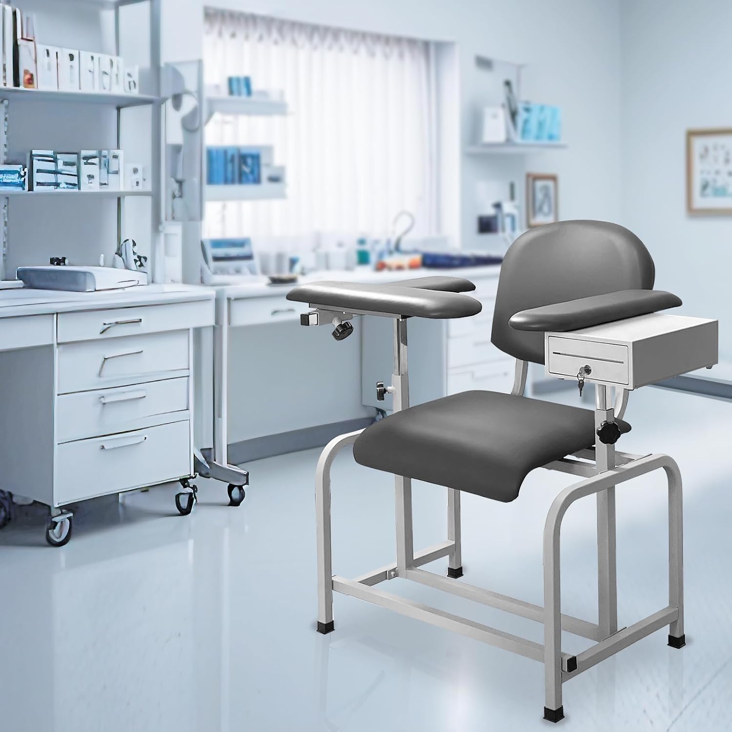 Helsevesen Blood Draw Chair, Comfortable Padded Blood Drawing Chair with Drawer, Clinic Chair with Soft Padded Seat, Phlebotomy Chair with Adjustable Armrest, Grey