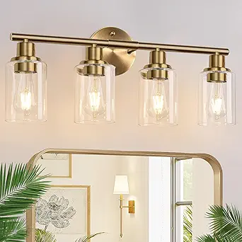 4-Light Bathroom Light Fixtures, Brushed Brass Modern Vanity Lights with Cyan Glass Shades, Bathroom Wall Lamp for Mirror Kitchen Living Room