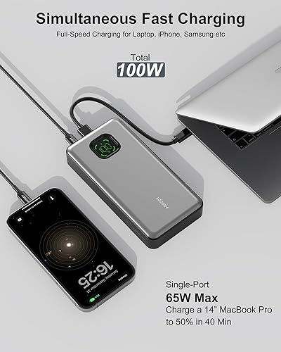 Miniatura 3 de Banco de energía de 65 W, cargador portátil USB C esencial de viaje de 25000 mAh, batería de carga rápida total de 100 W para MacBook Dell XPS iPad
