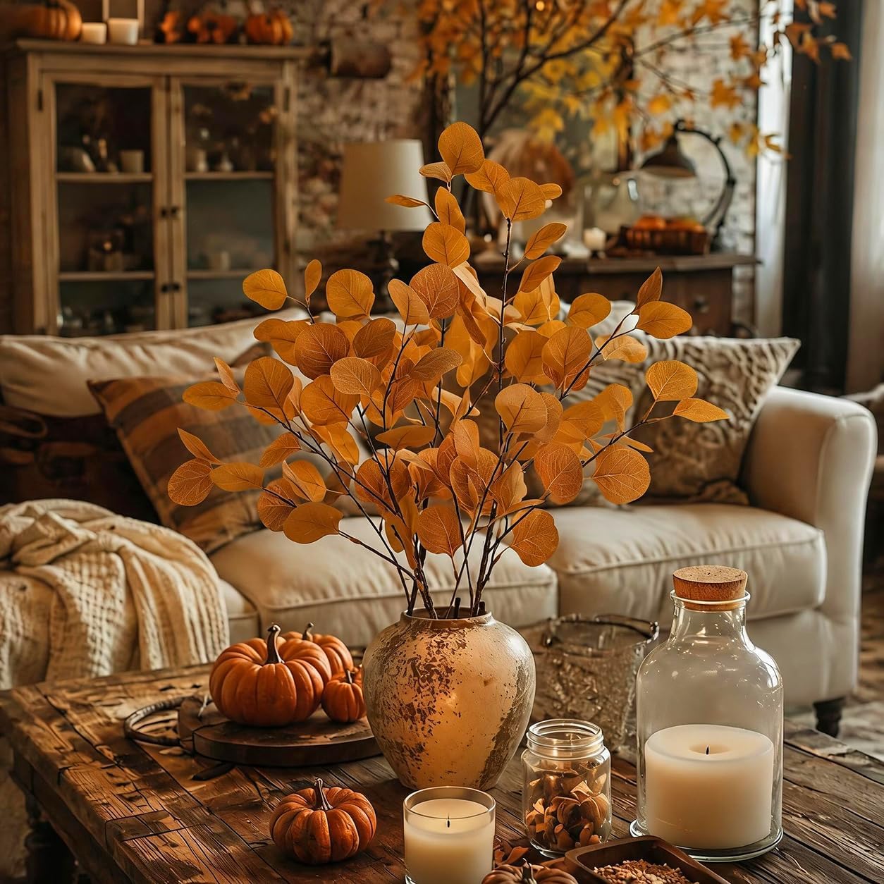 6 Pcs 35" Artificial Eucalyptus Stems Fall Decor Faux Eucalyptus Branches | Fall Artificial Eucalyptus Stems Silver Dollar Leaves Fall Decor for Home Autumn Thanksgiving Festival, Dark Brown