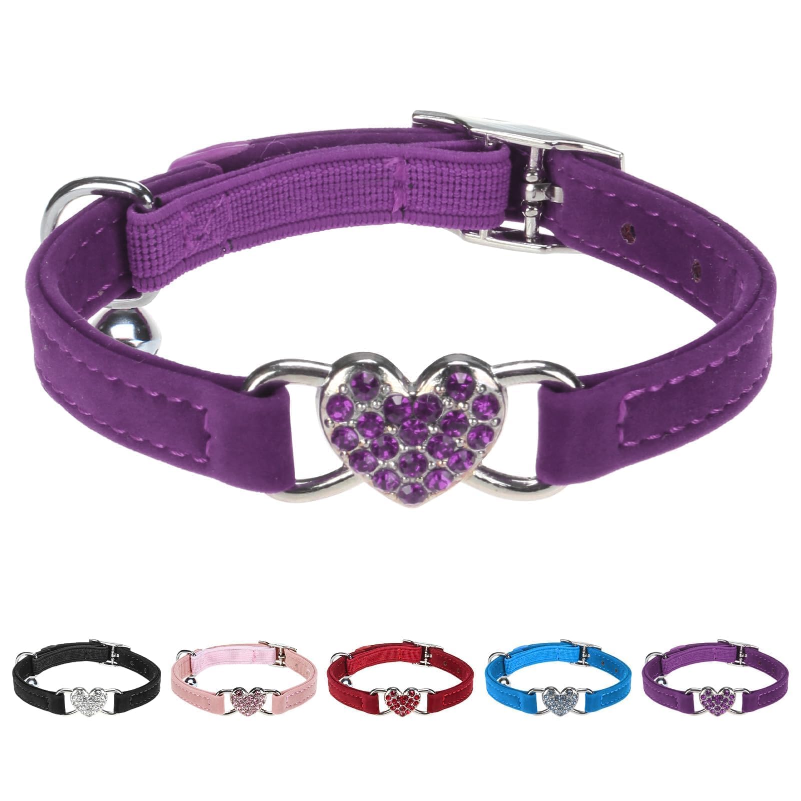 BINGPET Diamond Cat Collar,Adjustable Soft Velvet Leather Safe Kitten Collar with Crystal Heart Charm and Bells,Girl Boy Bling Stylish Cat Collars
