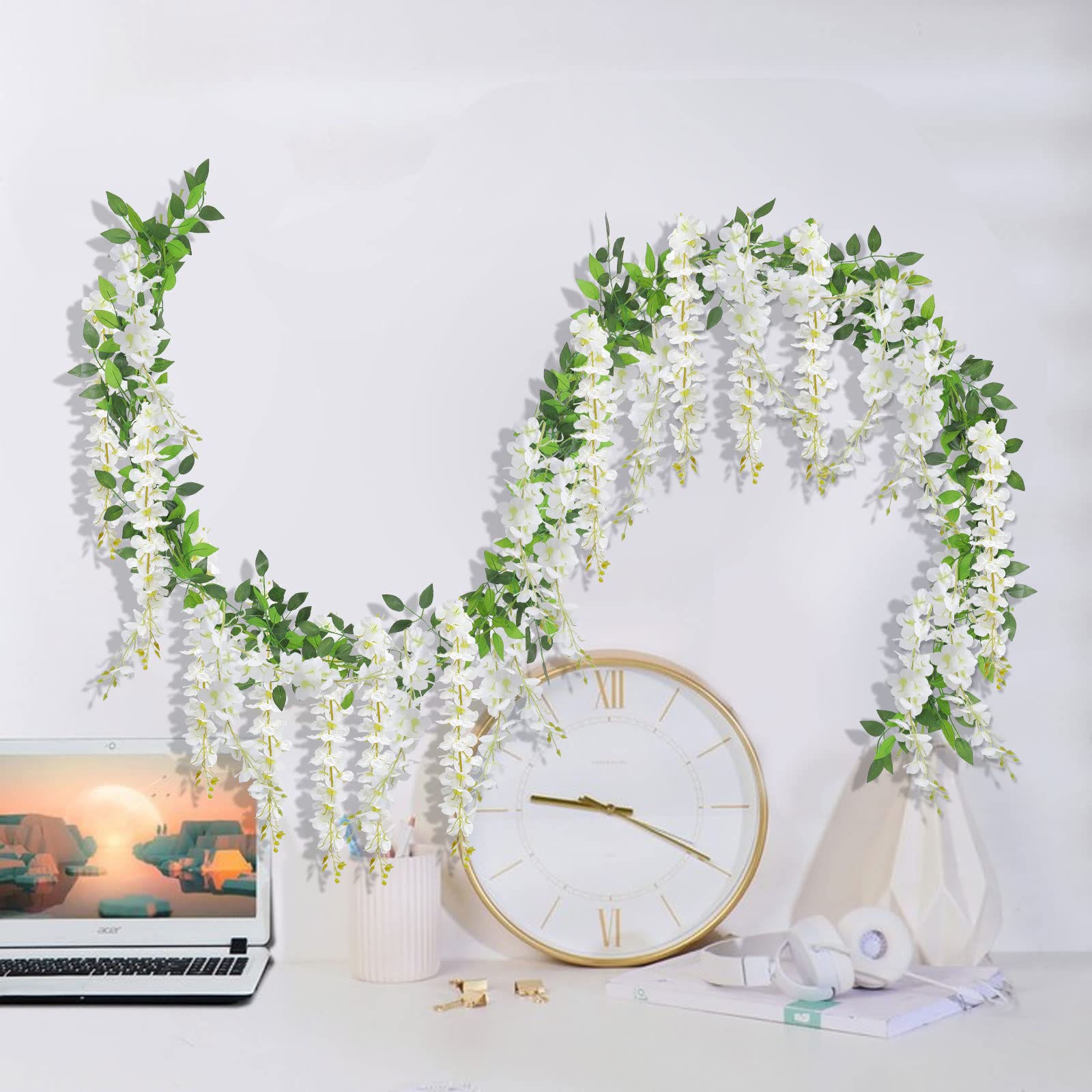 U'Artlines Künstliche Glyzinien-Girlande, Seide, künstliche weiße Glyzinien-Blumen, hängende grüne Reben, Girlanden, Rattan, für Zuhause, Garten, Hochzeit, Bogen, Party, Innen- und Außenbereich, 10