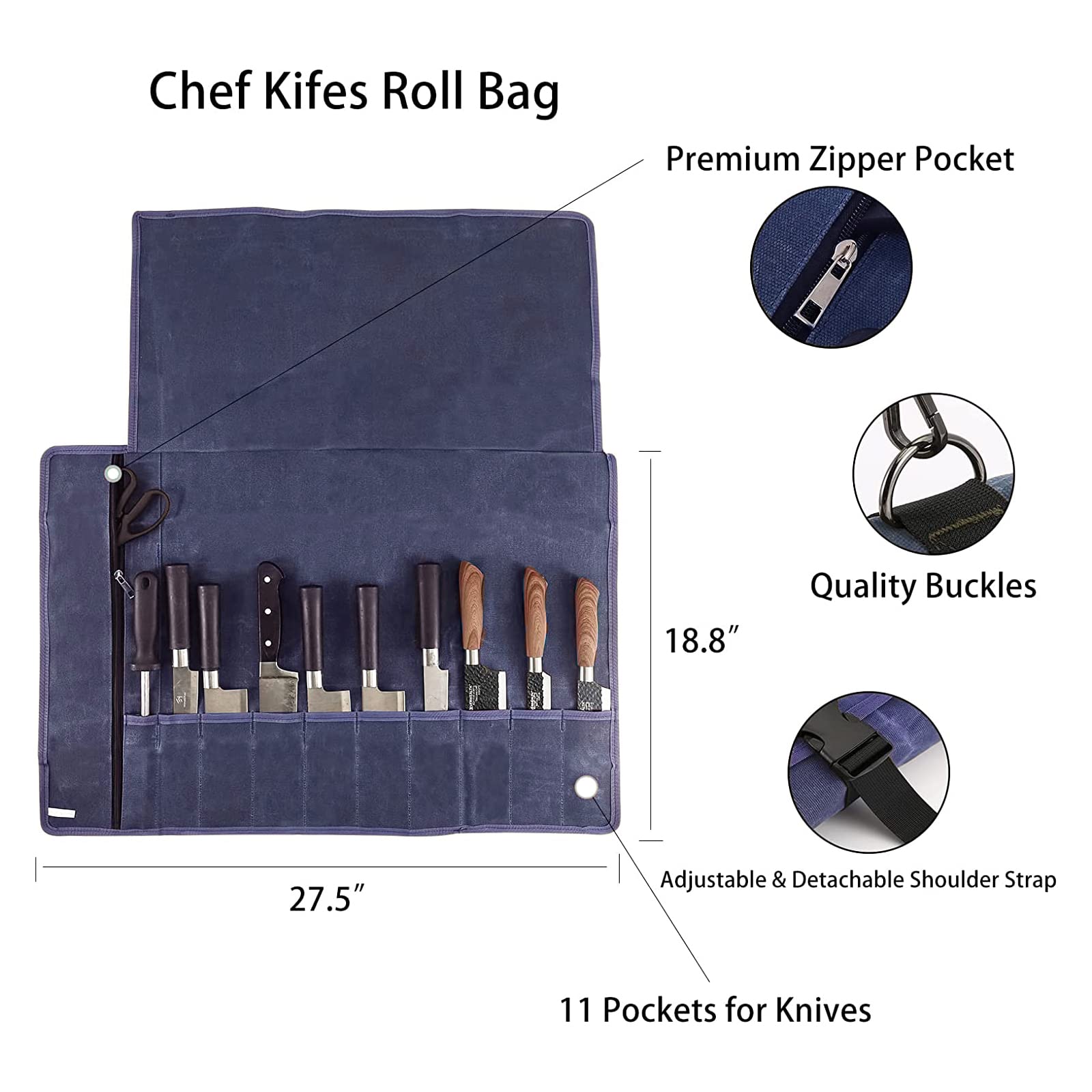HERSENT - Bolsa Enrollable para Cuchillos de Chef de Lona Encerada, Portador de Cuchillos de Chef portátil, Soportes para Cuchillos con 10 Ranuras más 1 Bolsillo con Cremallera Que Puede Contener