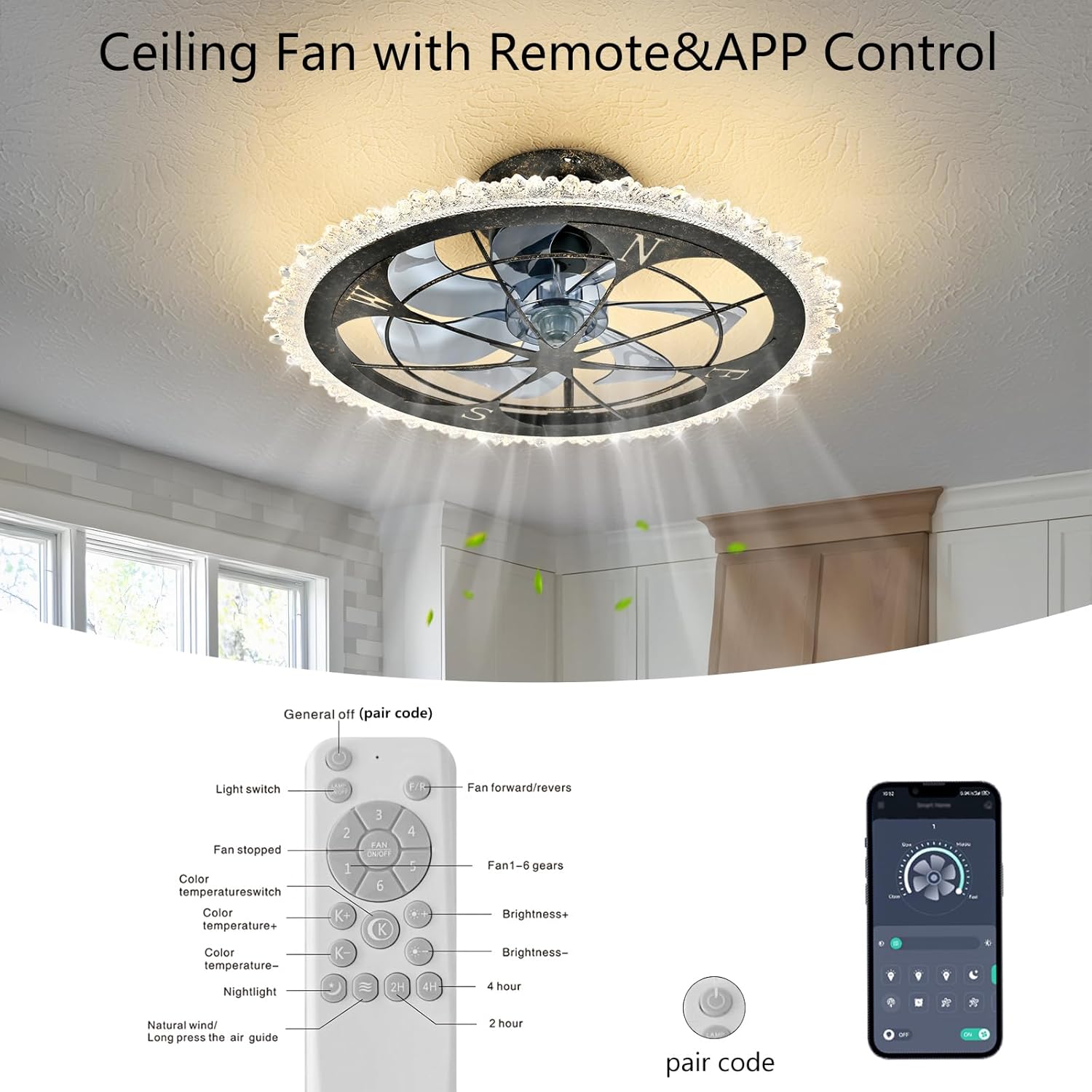 Vintage Caged Ceiling Fan with Light and Remote, Rust Flush Mount Ceiling Fans, Low Profile Fandelier Ceiling Fan, 3 Colors Dimmable LED Lights, for Farmhouse, Kitchen, and Bedroom