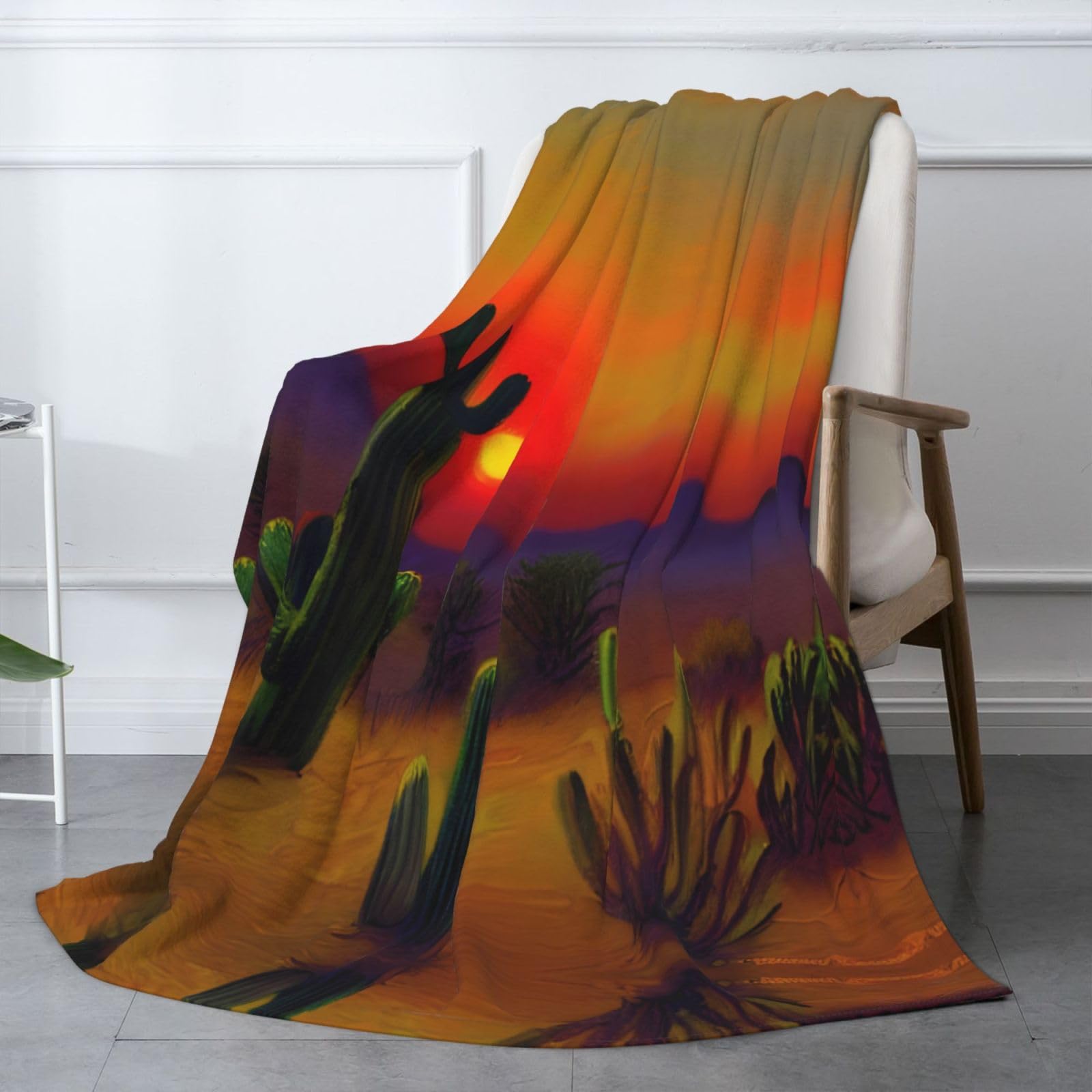 Couverture en flanelle avec imprimé cactus dans le désert - 177,8 x 203,2 cm - Confortable et chaude - Pour l'hiver - Pour camping ou voyage