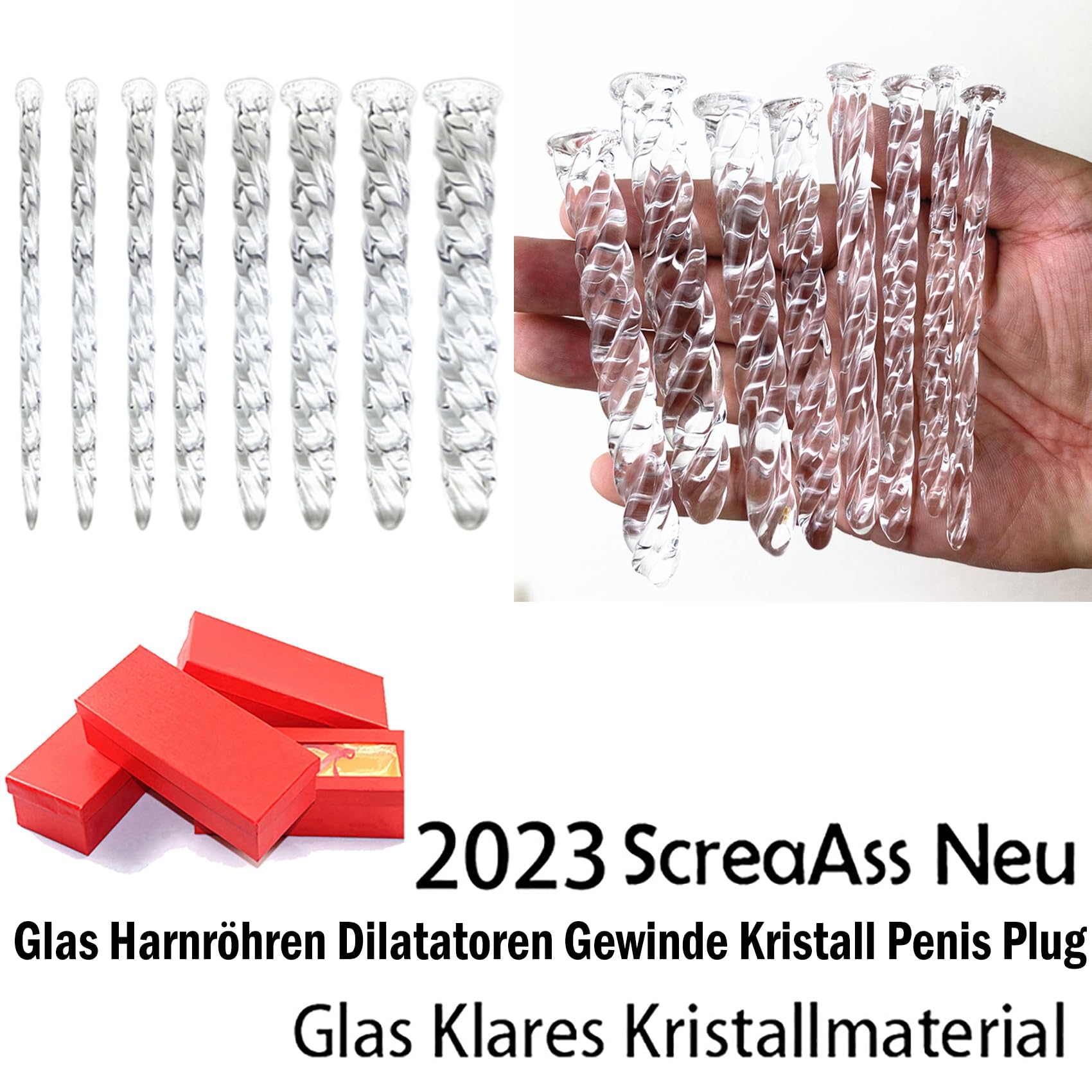 10Cm Lang Glas Gewinde Harnröhren Dilatatoren Glattes Kristall Glas Penis Plug Stab Dilator Urethral Katheter Sounding Harnröhren Stimulation Masturbation Sexspielzeug Für Männer,Clear,Set