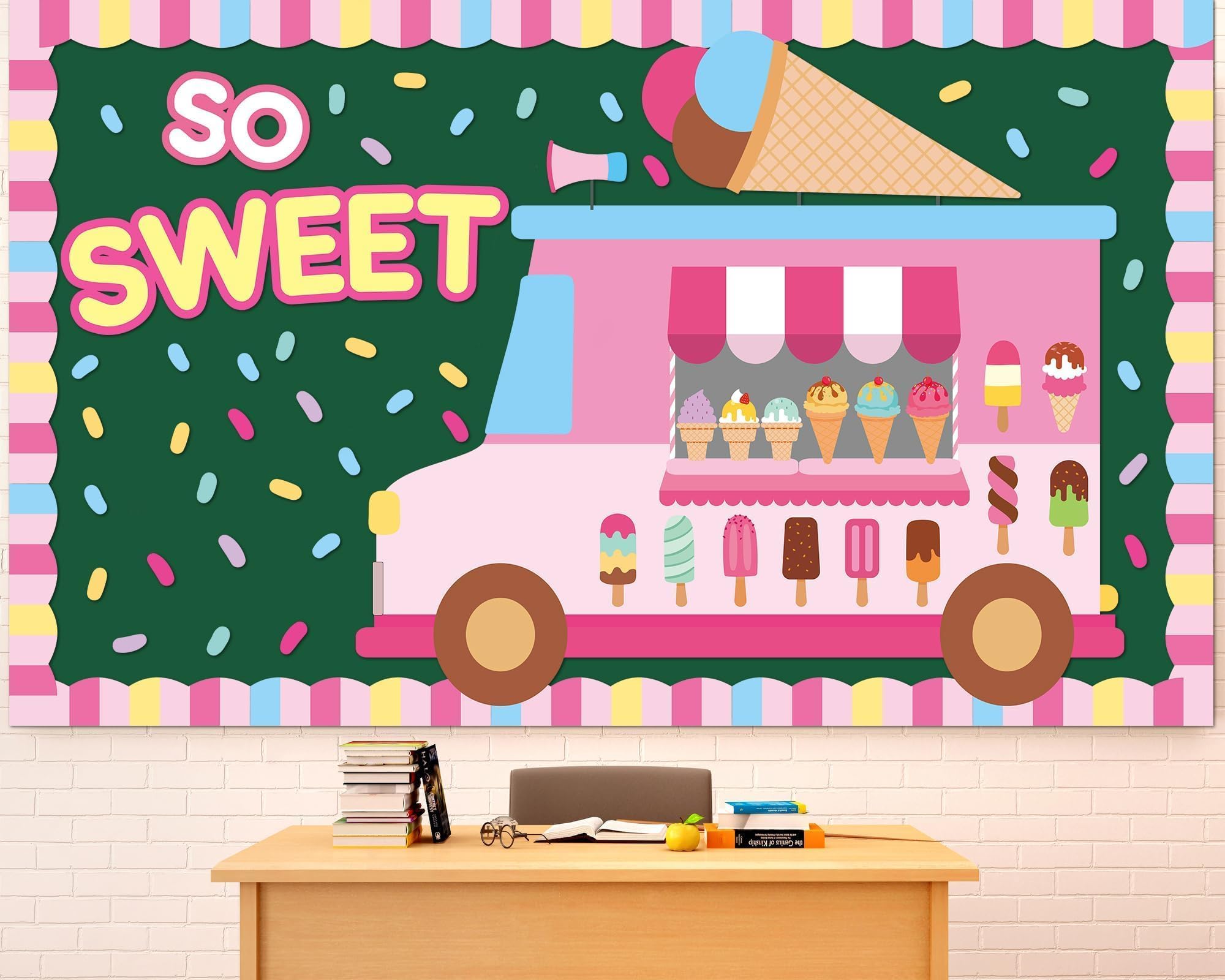 Ice Cream Classroom Decoration Set Back to School Bulletin Board Borders Summer Ice Cream Paper Cutouts Candyland Theme Pink School Bus Decor for