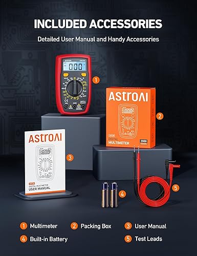 Miniatura 7 de AstroAI Probador de multímetro digital de 2000 cuentas con voltímetro de CA CC y medidor de amperios de voltios ohmios; mide voltaje, corriente