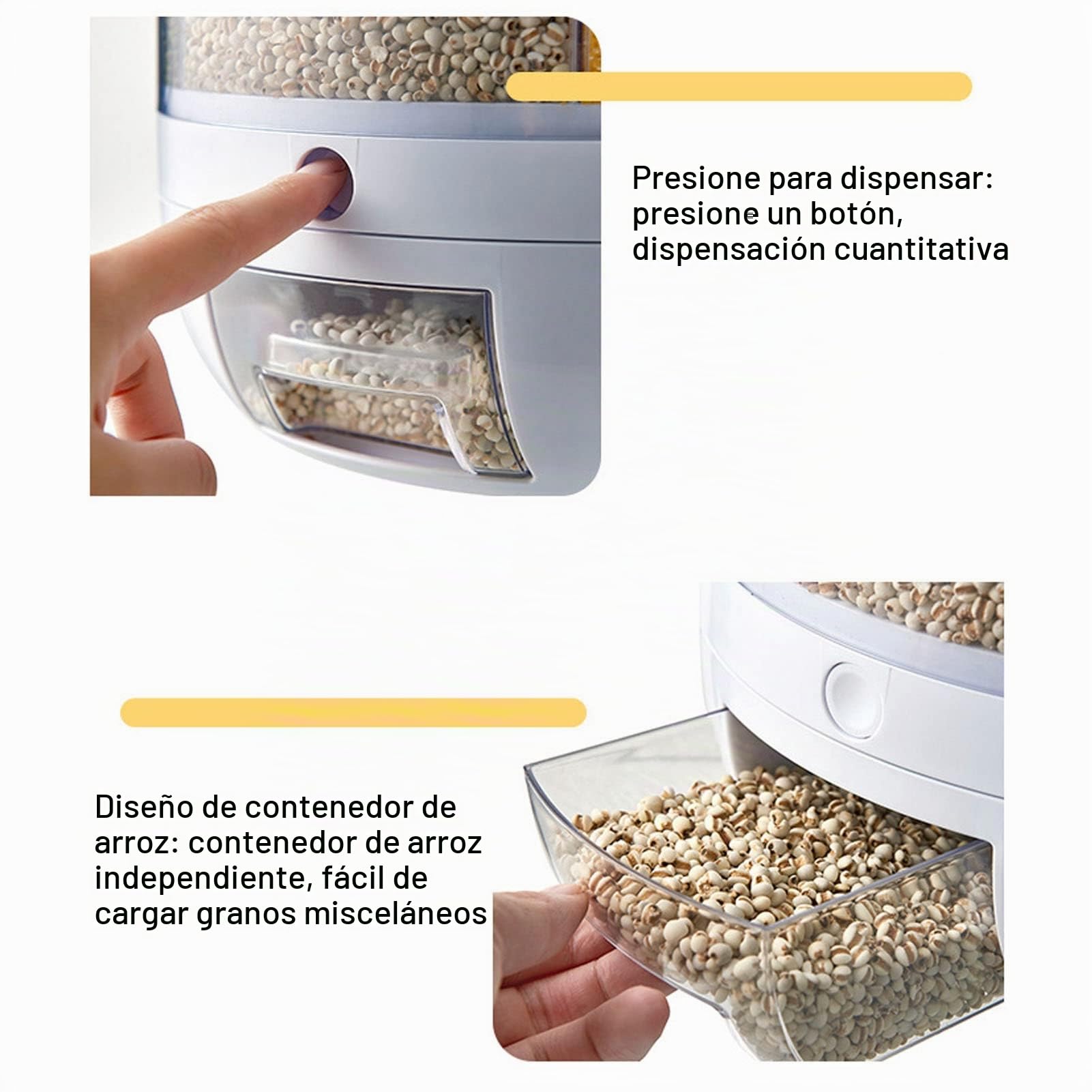 Dispensador de Arroz, Dispensador de Cereales de PP Giratorio de 6 Rejillas con Tapa Extraíble, Organización de Cocina de Almacenamiento de Contenedores de Arroz para Granos, Frijoles, Arroz(5KG)