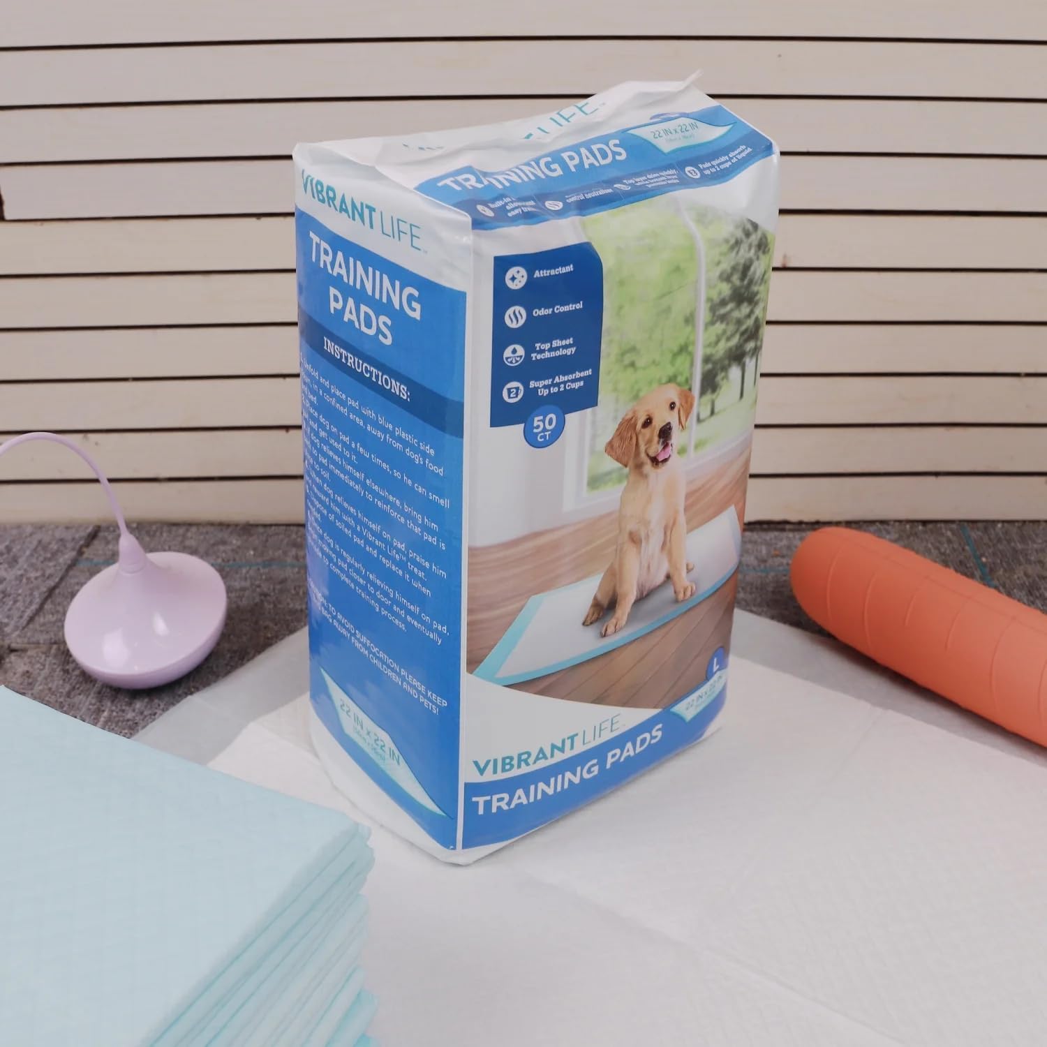 Vibrant Life Large Dog & Puppy Training Pads, 22 in x 22 in, Absorbent, Leak-Proof, Disposable, Odor Control, Built-in Attractant, Unscented, Perfect for Potty Training & Daily Use (50 Ct)