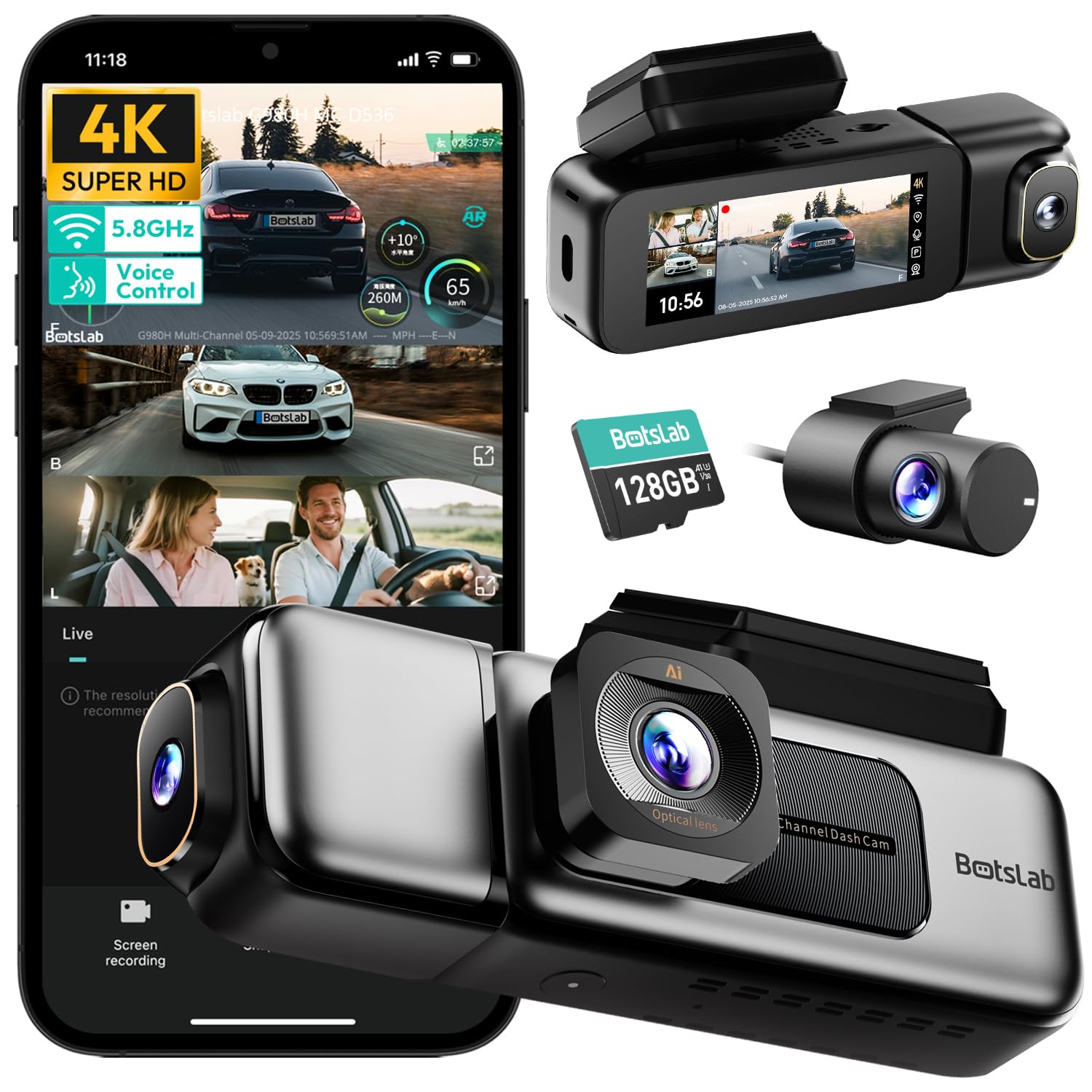 BOTSLAB 4K 3 Channel Dash Cam Front and Rear Inside 360 Dash Camera with 3 18 Touch Screen