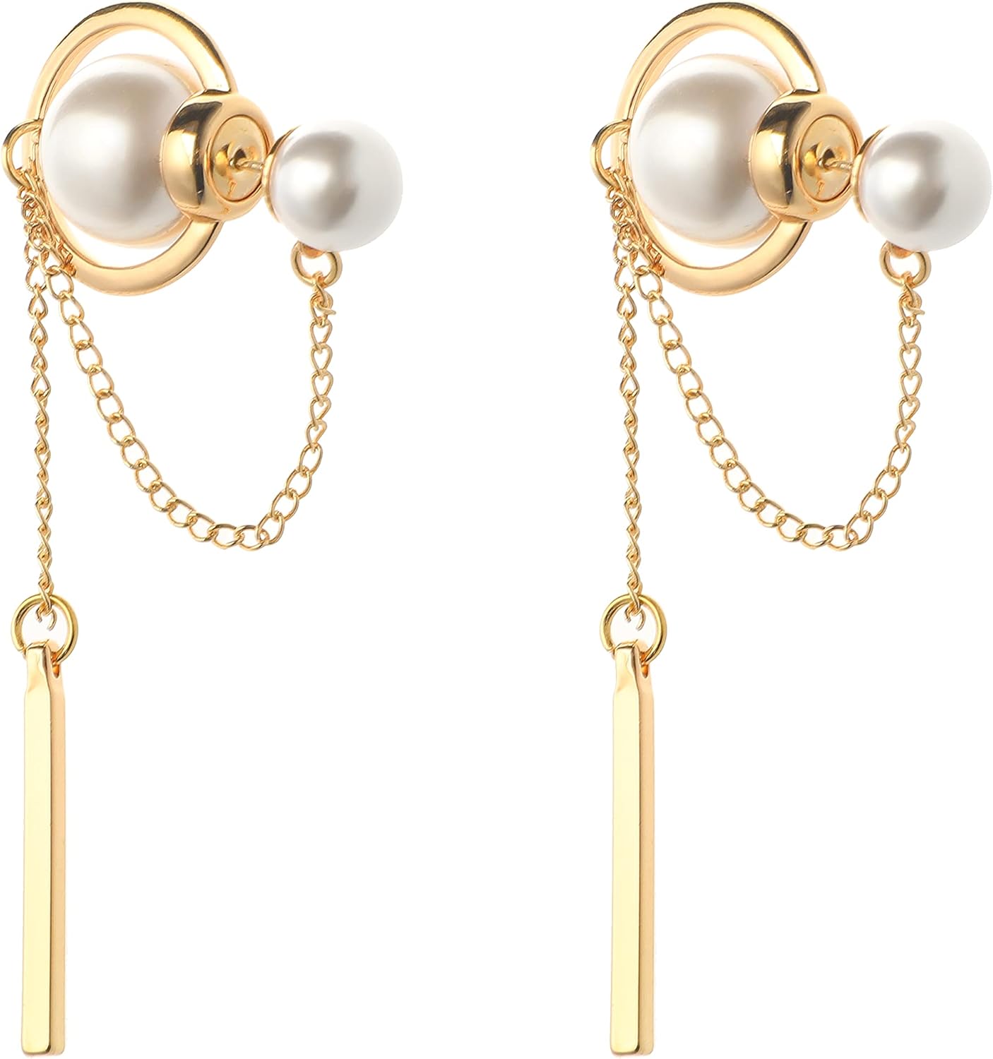 CLEBLE | Double Pearl Dangle Earrings/Gold Chain Tassel Drop Earrings/Double Pearl Back Ear Jacket Earrings/Elegant Kpop Korean Dainty Earrings Gold