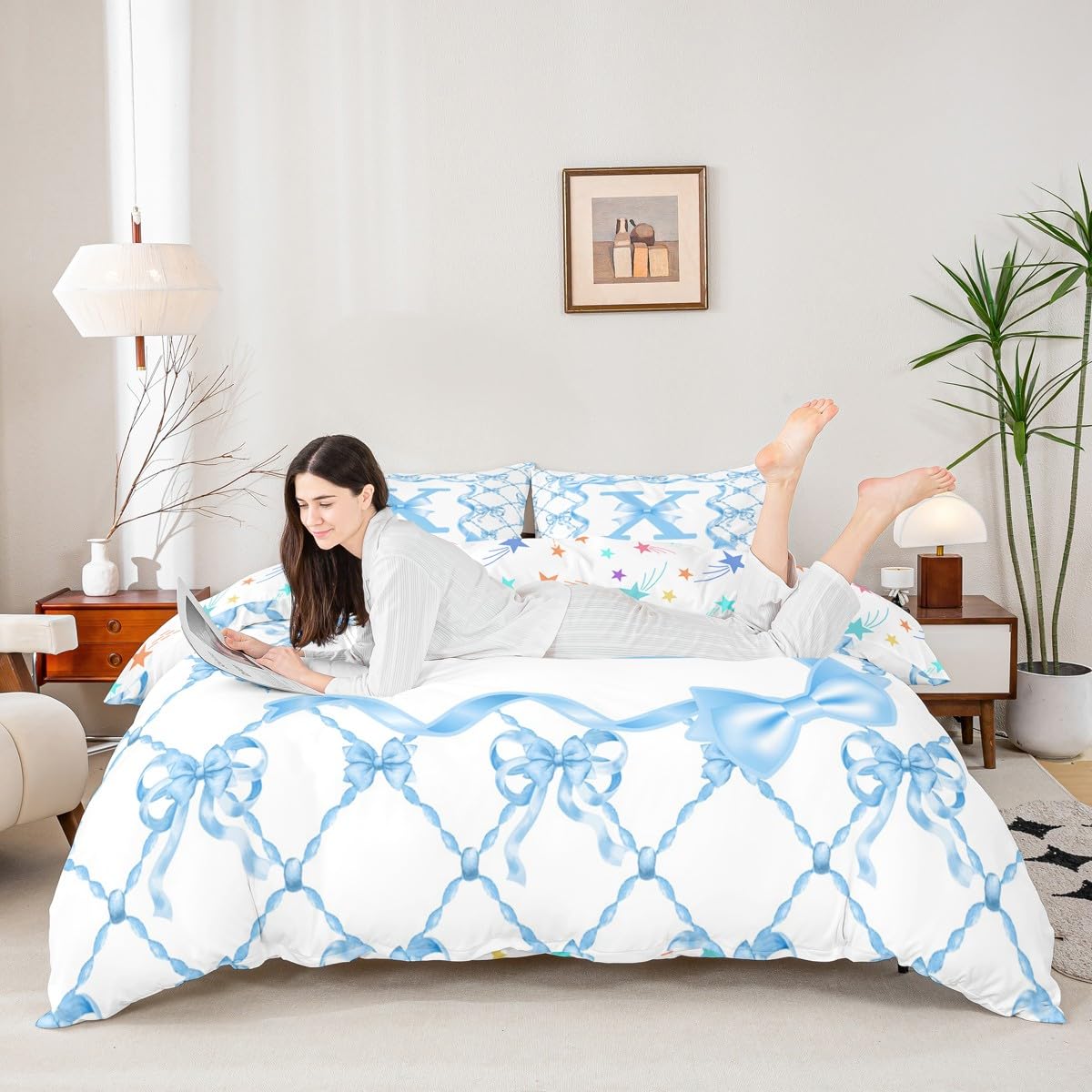 Homewish Juego de funda de edredón azul con lazo de coqueta tamaño King para niñas adolescentes | Juego de funda de edredón infantil con letra inicial X, bonito lazo, juego de ropa de cama coquette