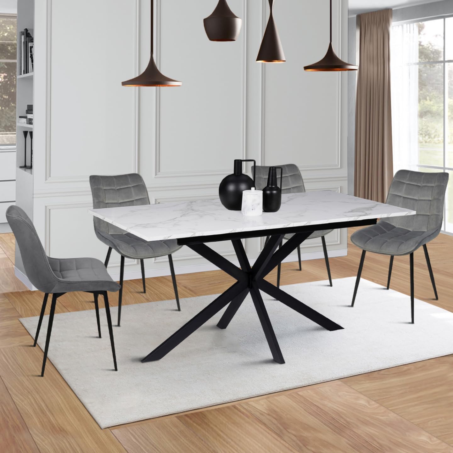 IDMarket – Mesa de comedor extensible rectangular Alix 6-10 personas, pie araña negro, bandeja efecto mármol blanco Alaska 160-200 cm