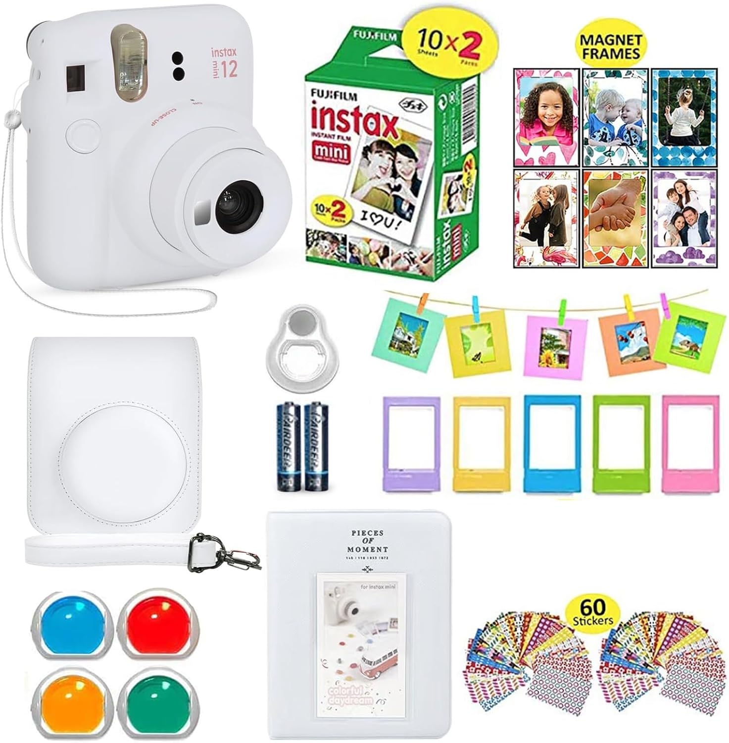 Fujifilm Instax Mini 12 Instant Camera Clay White + Shutter Compatible Carrying Case + Fuji Film Value Pack (20 Sheets) + Shutter Accessories Bundle, Color Filters, Photo Album, Assorted Frames