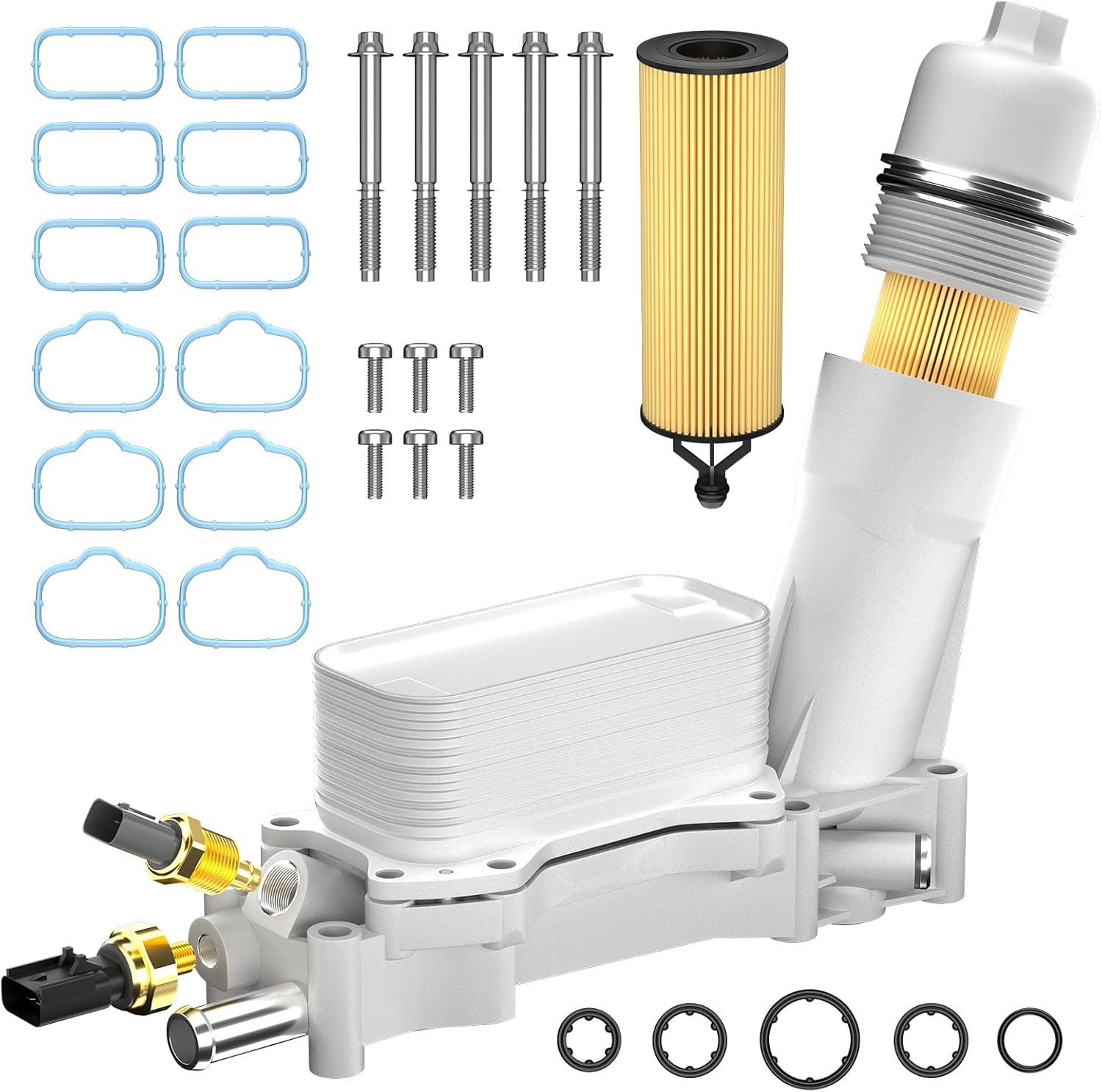 Improved aluminum engine oil filter housing kit with oil cooler sensors