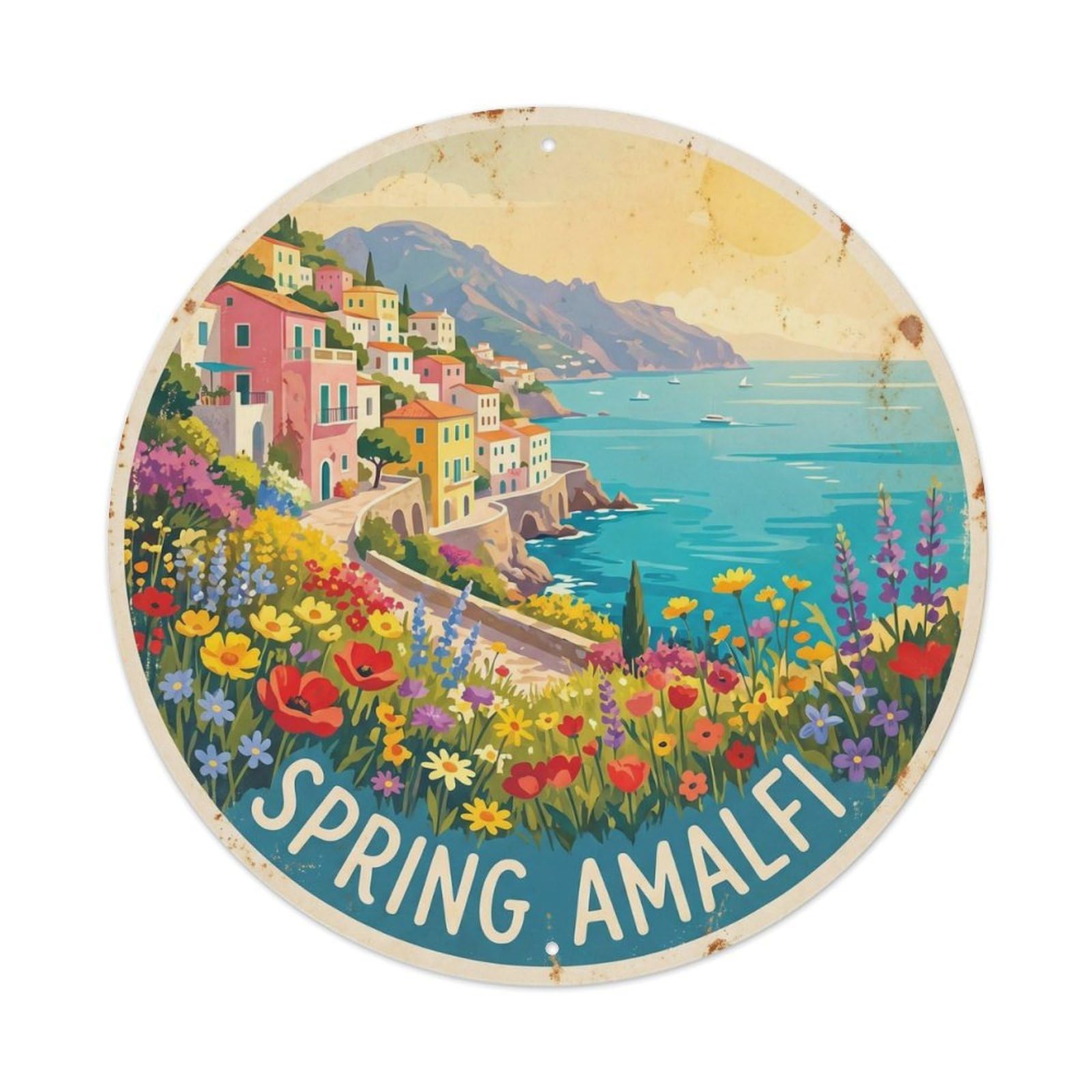 Mediterranean Amalfi Spring Flowers Vintage Holiday Heritage Metal Tin Sign Plaque Wall Decor for Cafe, Man Cave, Club Bar, Office, Home Garden Round Metal Poster 8x8Inch