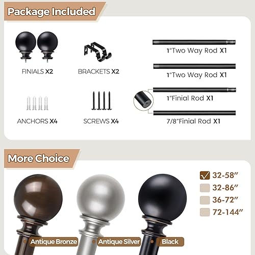 Miniatura 8 de KAMANINA Barras de cortina de 781 pulgadas de 32 a 58 pulgadas (2.6 a 4.8 pies), barra de cortina individual negra para ventanas, barra de cortina