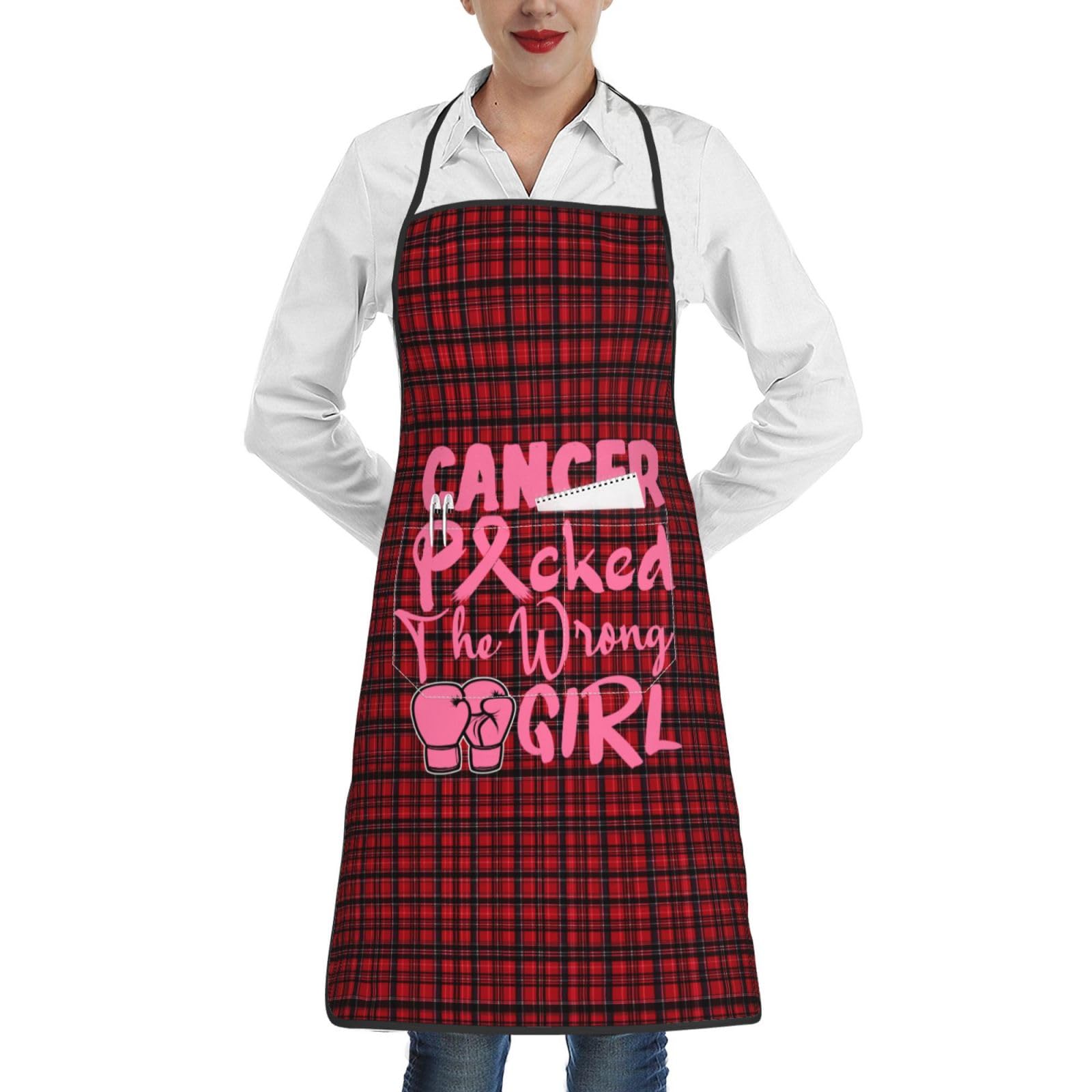 nopicsn Cancer Picked The Wrong Girl Breast Cancer Apron for cooking with Pockets Women Men Kitchen Chef Funny Aprons