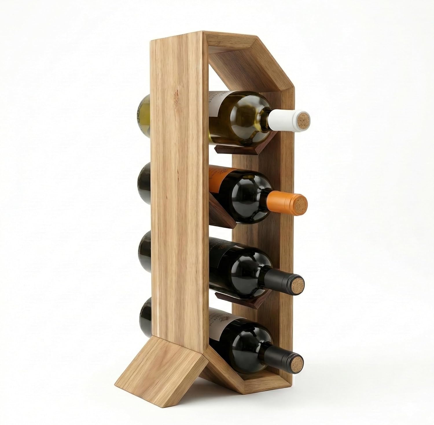 Acacia Wood Wine Rack - 4 Bottle Countertop Wine Holder with Unique Beveled Edges - Small Wine Rack for Inside Cabinet - Freestanding Vertical Wine Storage or Horizontal Wine Bottle Rack - Tools