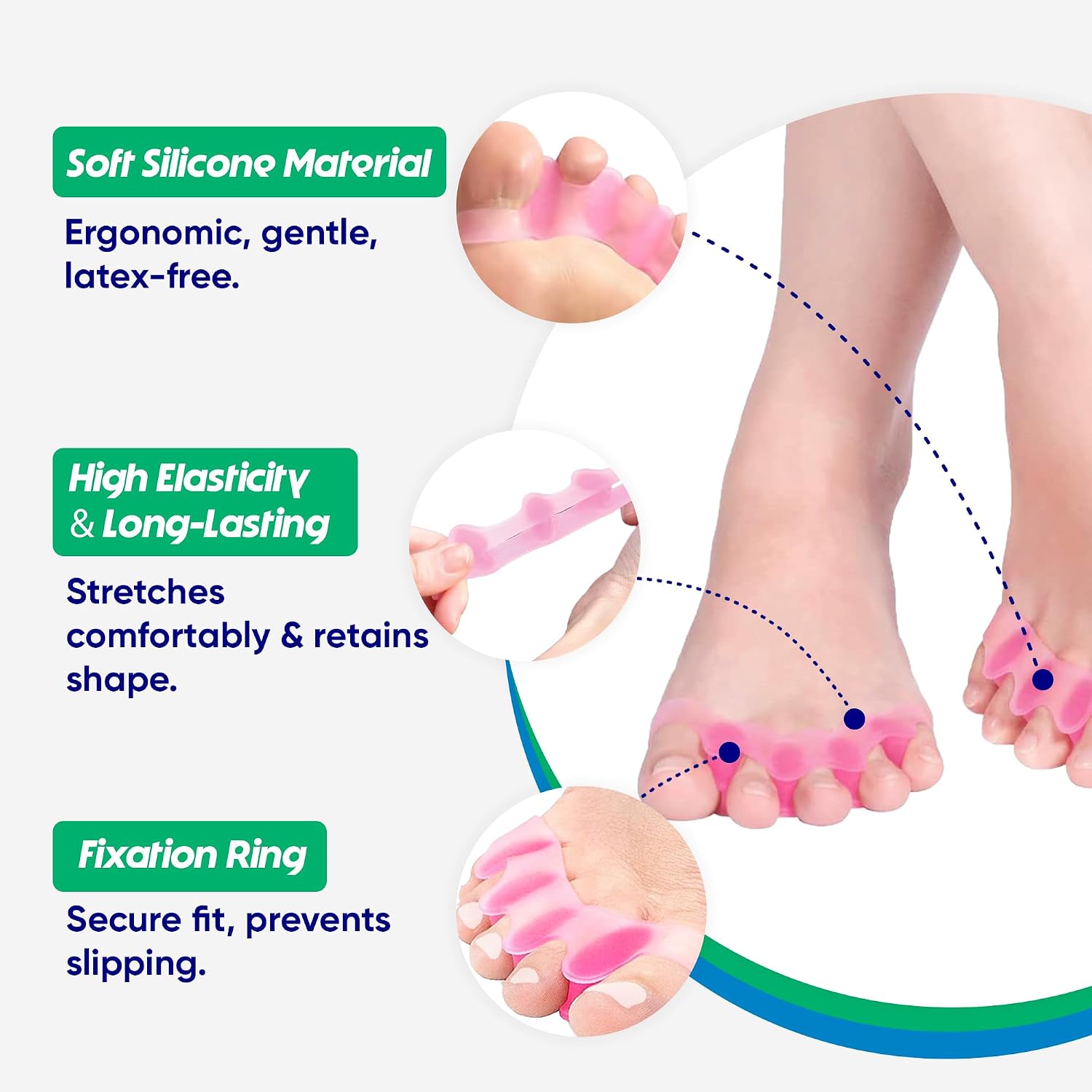 Toe Separators for Women and Men, Gel Toe Spacers & Hammer Toe Straightener for Bunions and Overlapping Toes, Silicone Toe Stretcher for Yoga and Athletic Mobility (1 Pair, Pink)