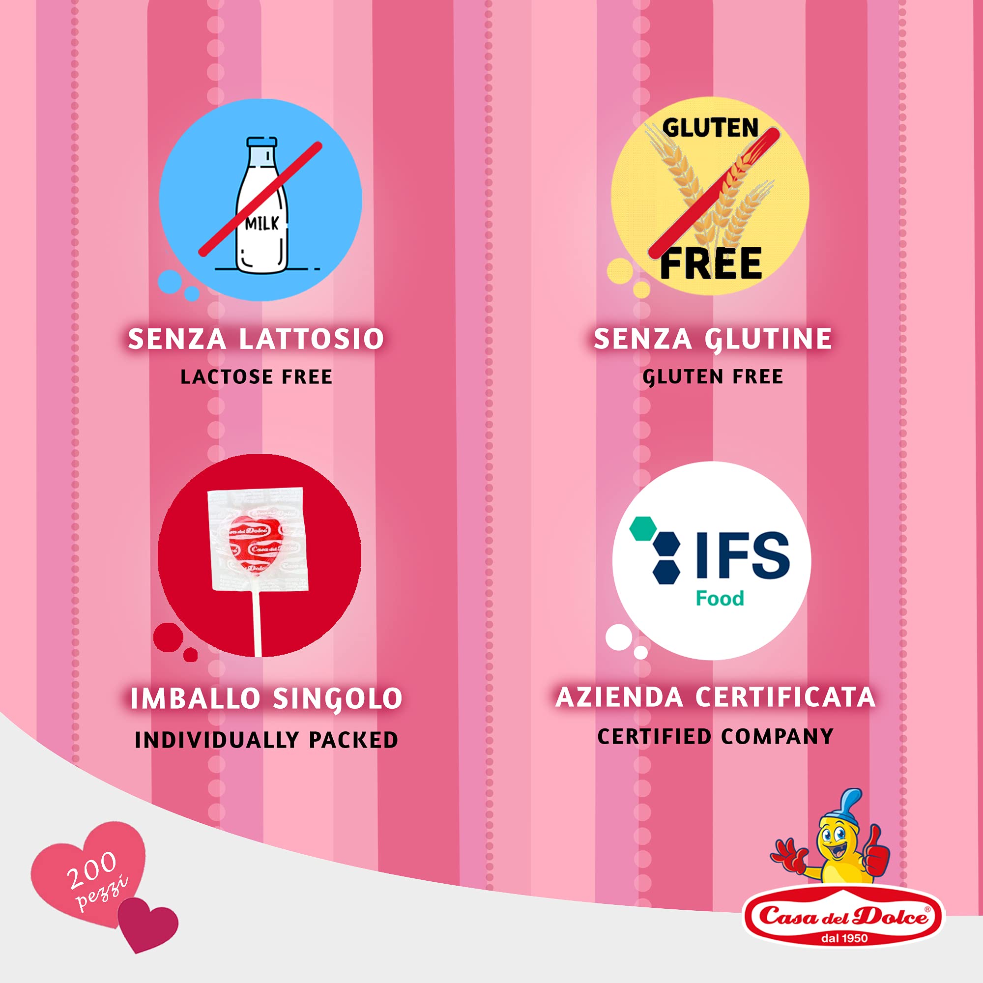 CASA DEL DOLCE Cœur Saucette Petit,Sucettes en Forme de Cœur, Goût de Cerise,Boîte de 200 pièces,Emballés Individuellement, Made in Italy, Sans Lactose, Sans Gluten, Idées Cadeaux pour les Fêtes