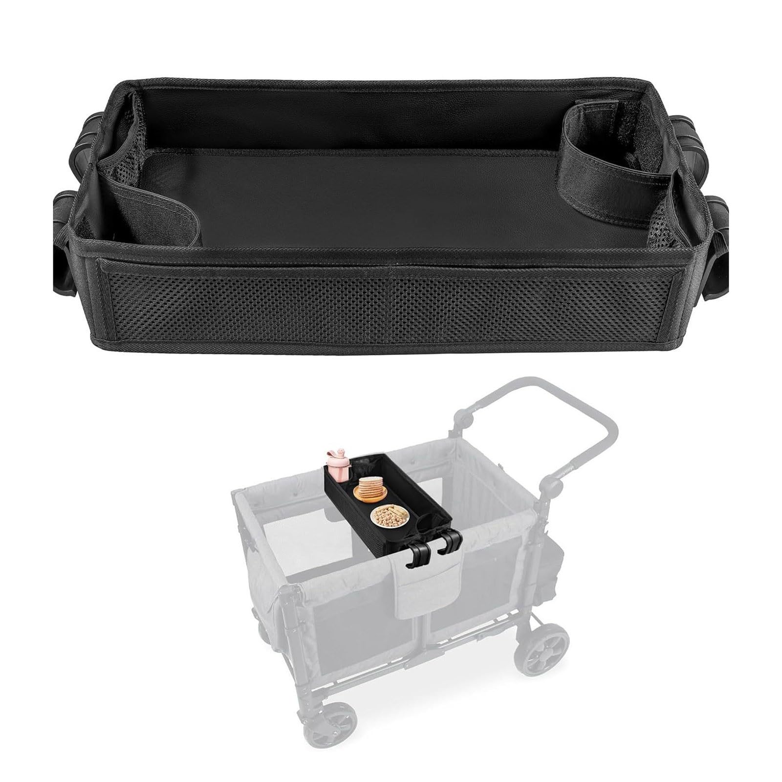 Kinderwagen Tablett, Kinderwagen Snack Tray Kinderwagen, Abnehmbarer Kinderwagen-Zubehör, Wasserabweisende Kunstlederseiten und seitliche Netztaschen (M)