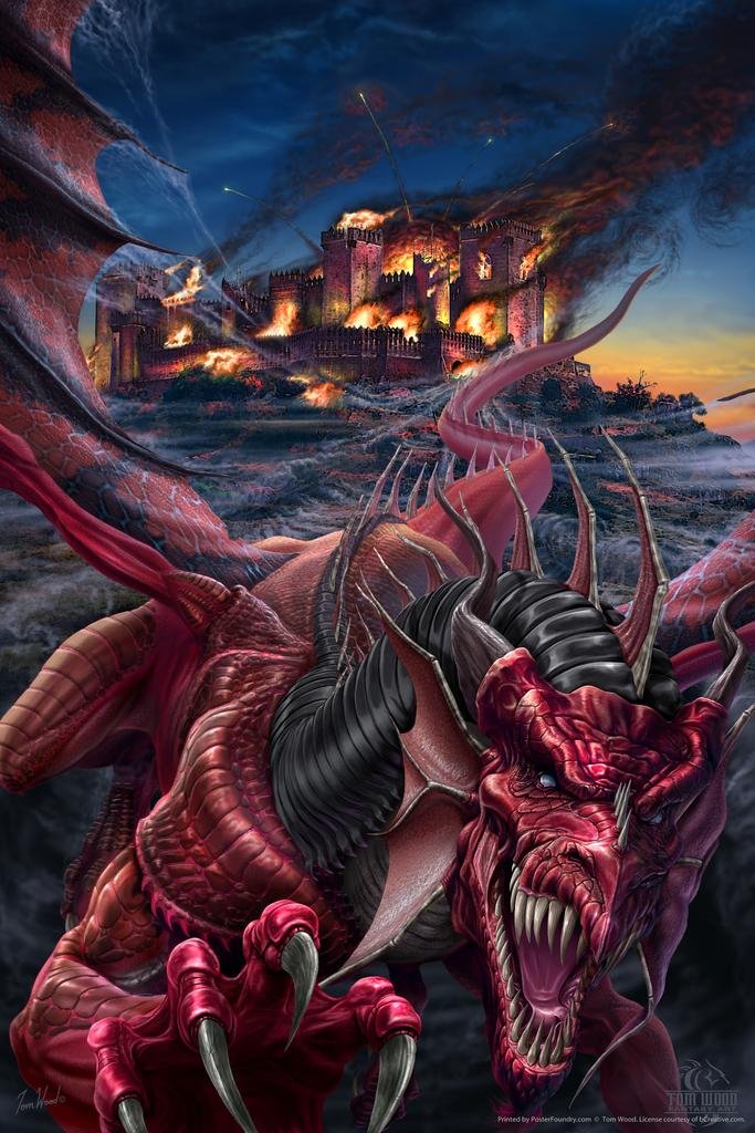 Amazon.com: Laminated Dragons Night Fire Burning Castle By Tom