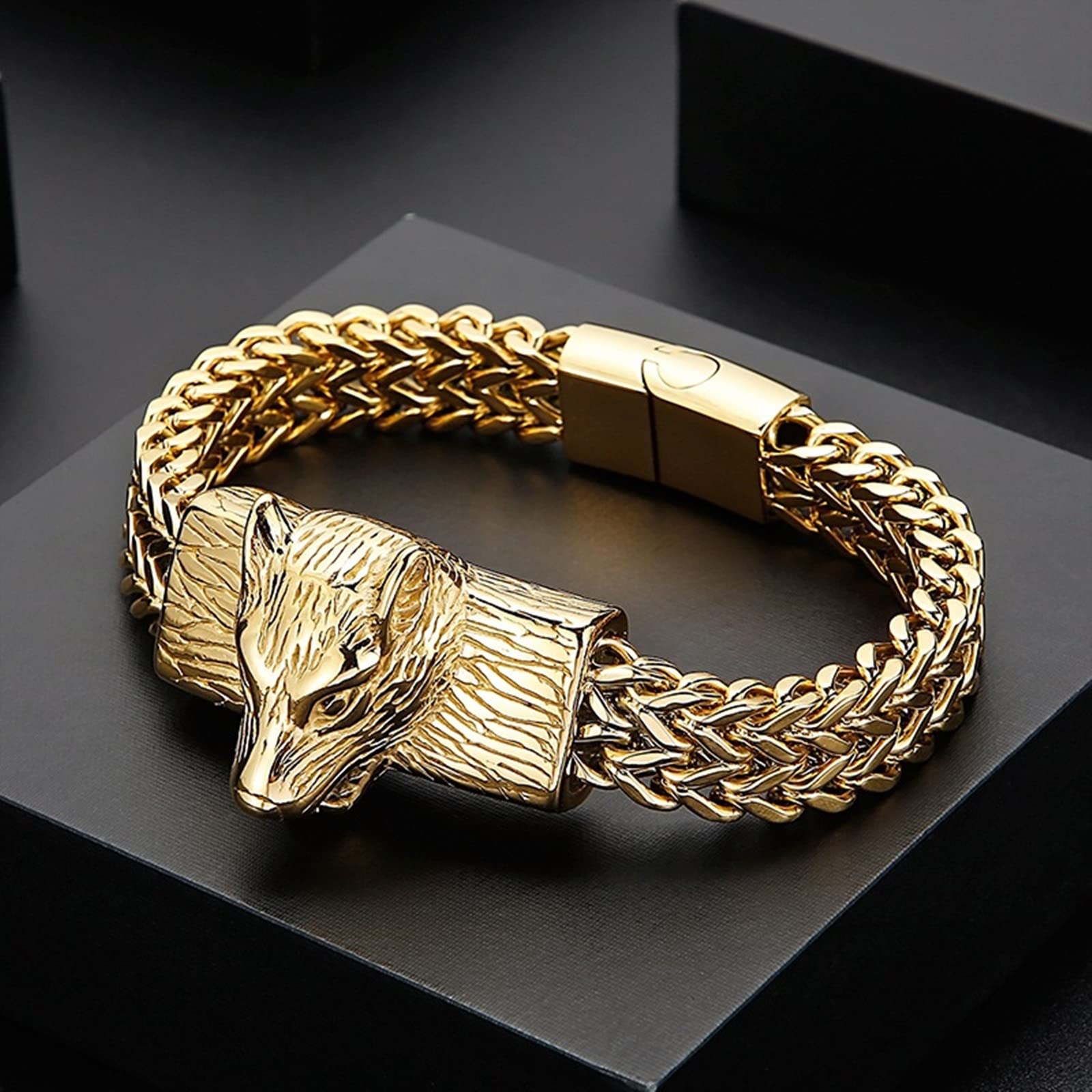 Beydodo Armband Edelstahl Schwarz Gold Silber 22CM, Armband Freundschaft Herren Weizen Armband Breit 12MM mit Wolf Schwarz Gold Silber Armband Charms Partnerarmband für Männer Jugend