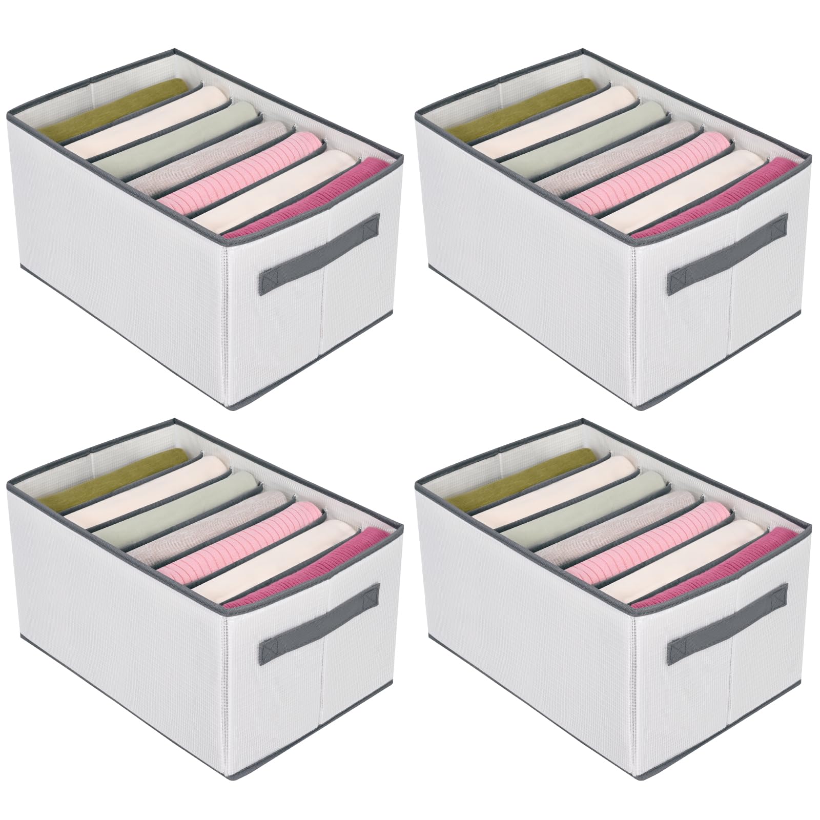 AlishomtllWardrobe Organiser, Set of 4, 7 Compartments, PVC Storage Box, Foldable, Drawer Organiser System, Clothes Storage for Trousers, T-Shirt, Jeans, 36 x 25 x 20 cm, Grey and White