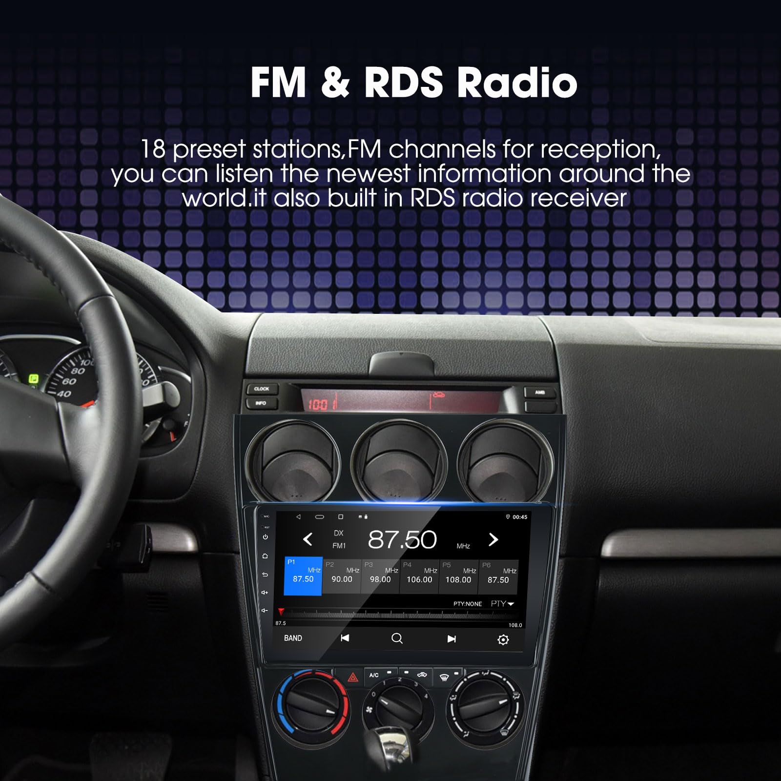 EZoneTronics Android 13 Radio Coche para Mazda 6 Atenza 2002-2008 con Wireless Carplay Android Auto 2 DIN 9 Pulgadas Pantalla táctil GPS navegación SWC Bluetooth USB WiFi FM/RDS Radio Player 2G +32G