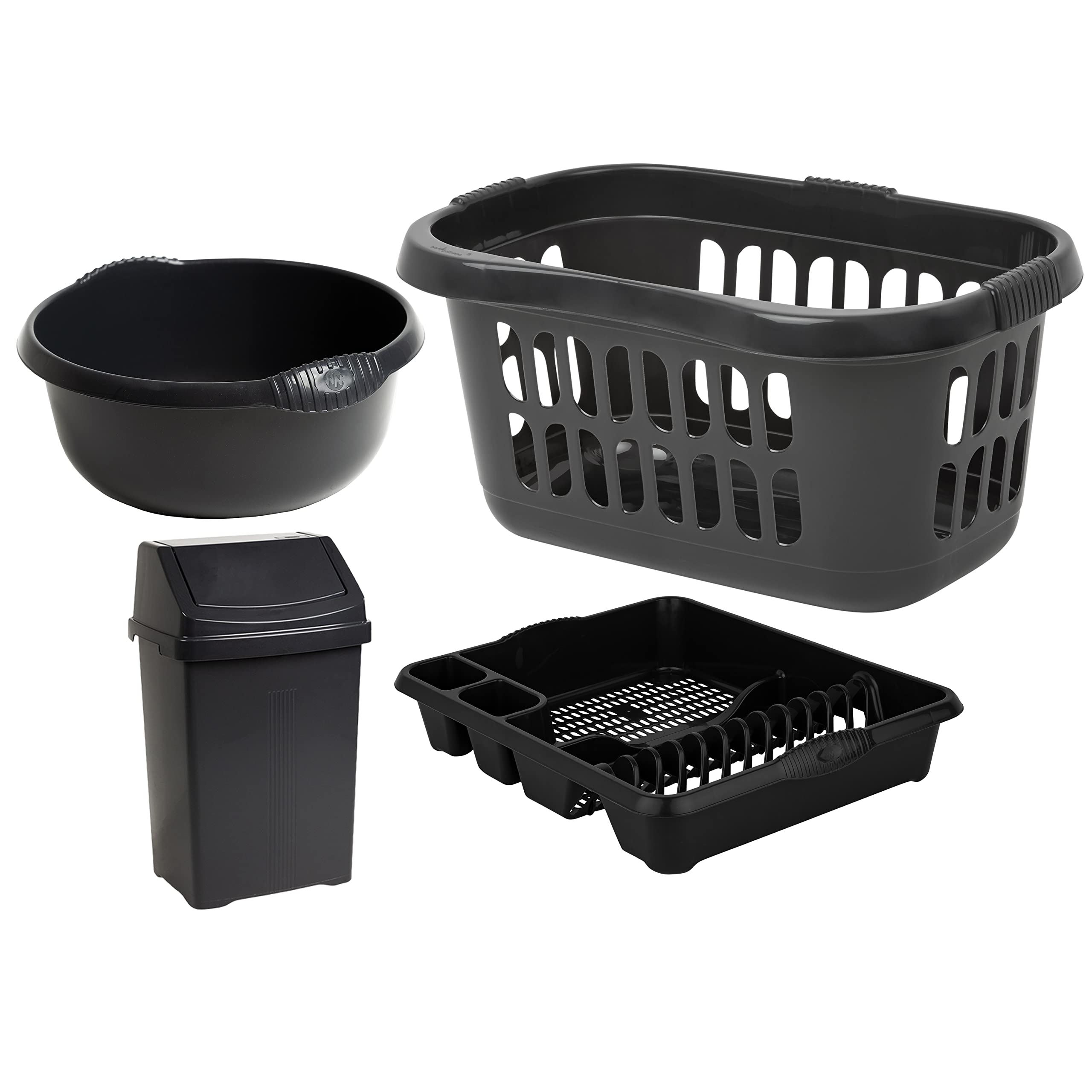 Set of 𝐌𝐢𝐝𝐧𝐢𝐠𝐡𝐭 𝐁𝐥𝐚𝐜𝐤 60L Hipster Laundry Basket + 28 cm Round Washing Up Bowl + Large Dish Drainer + 8L Swing Bin Plastic Kitchen Set for Home/kitchen Accessories.
