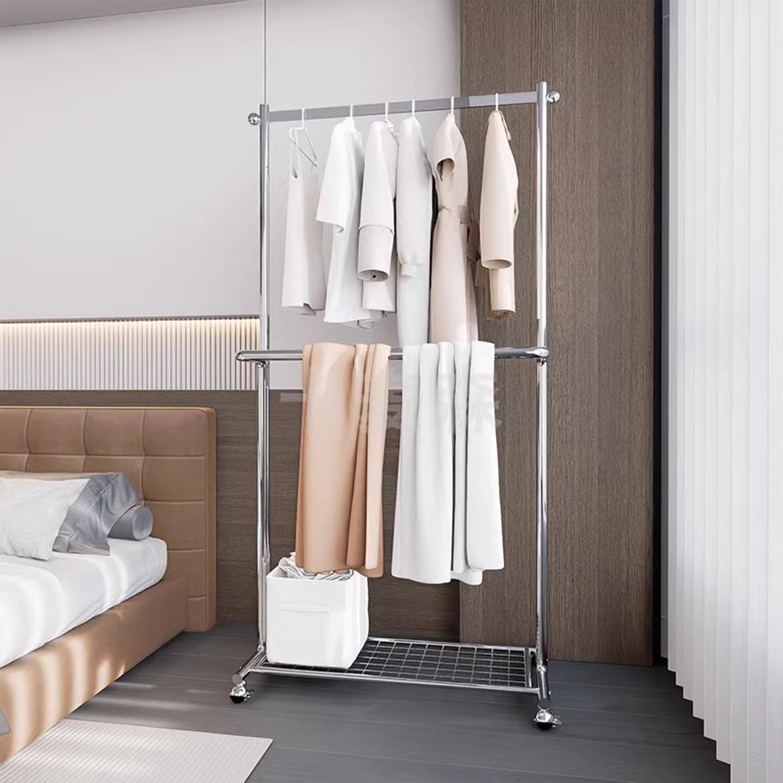 Stand Appendiabiti Porta Abiti A Doppia Asta Con Ruote, Appendiabiti In Acciaio Inox Argento Con Ripiani, Organizador De Armario Portátil Para Dormitorio Y Sala De Estar, Attaccapan(Size:120X40X170CM)