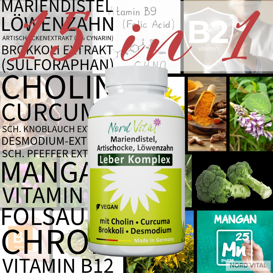 Leber Komplex mit 15 aktiven Inhaltsstoffen - Mariendistel, Artischocke, Löwenzahn, Brokkoli, Cholin, Desmodium, schwarzer Knoblauch, Kurkuma und mehr - 120 Kapseln - in Deutschland hergestellt