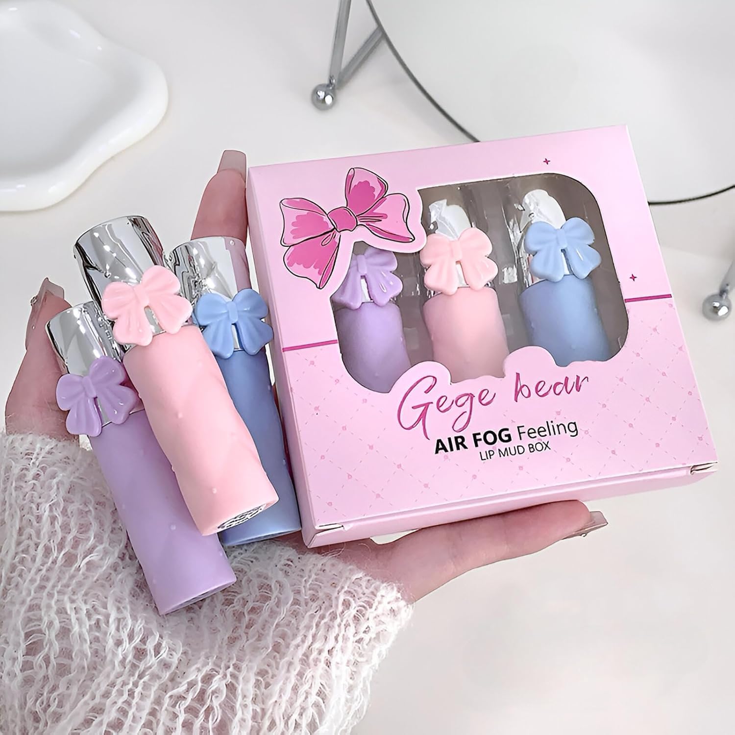 Gege Bear Air Fog Lip Mud Set | Matte Finish Lipstick Trio | Lightweight & Hydrating Formula | Cute Pastel Packaging with Bow Design | Moisturizing & Long-Lasting | 3 Nude & Pink Velvet Lip Tints | Non-Sticky & Aesthetic-Friendly | Best Lipsticks for Women & Teens (SET-A(01,02&03), 9g)-image-29