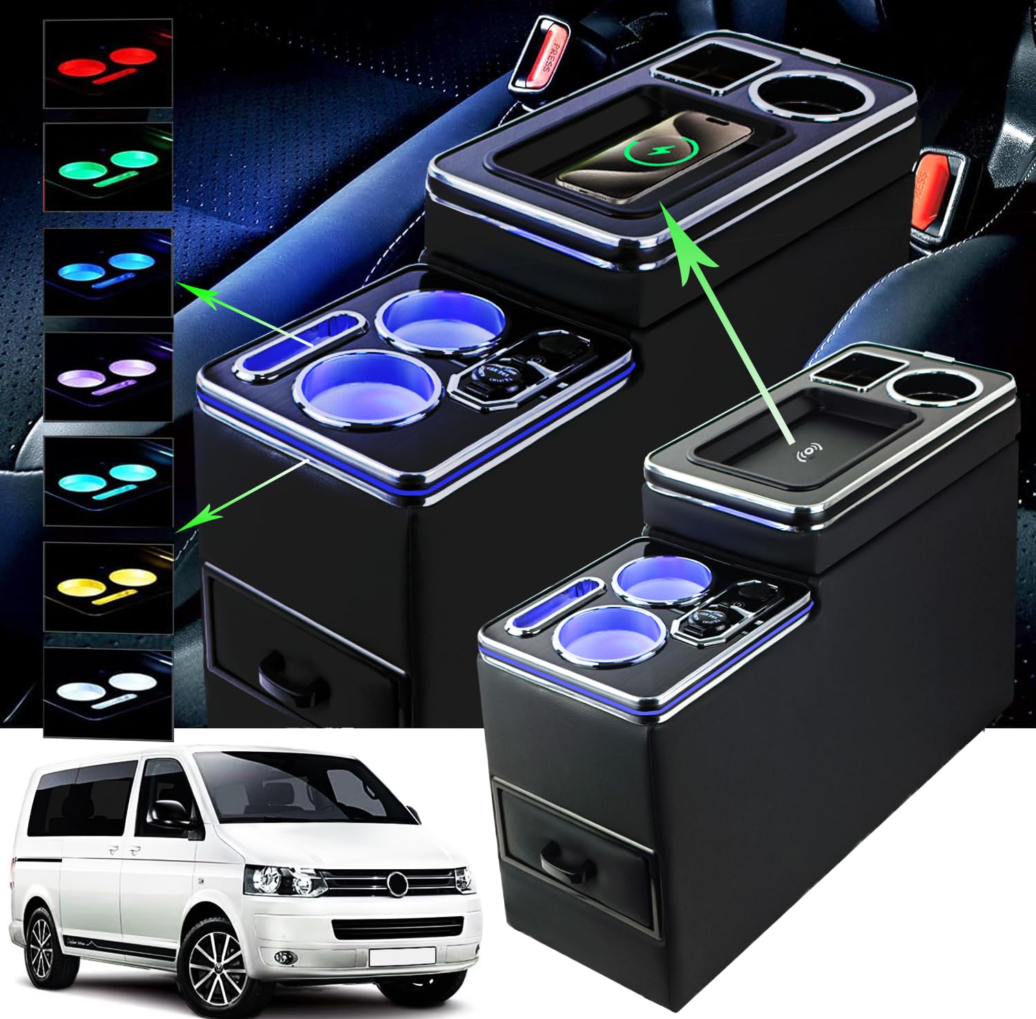 Console Centrale avec Lampe LED 7 Couleurs et Recharge Inductive Sans Fil Compatible VW T4 T5 T6 T7 t6.1 2003-2019, Accoudoirs avec USB et Lampes LED Accessoires en Cuir, Noir