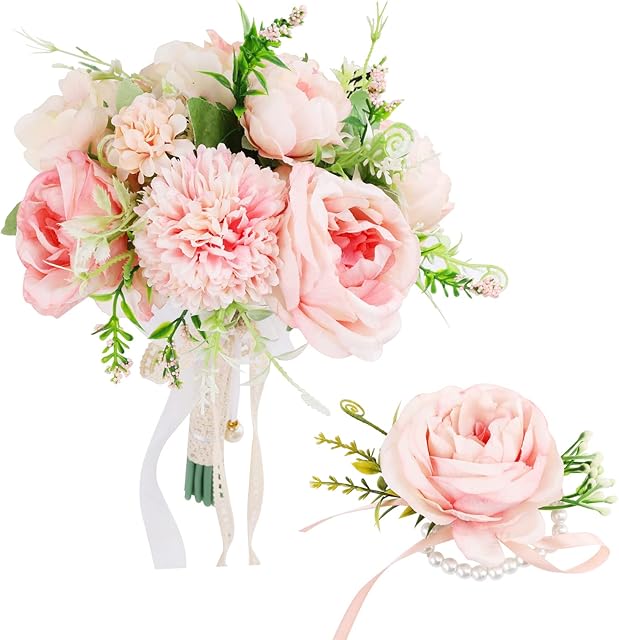 Gukasxi Bridal Bouquet Artificial Rose and Wrist Flower,Wedding Bouquets for Bride Bridesmaid Bouquet Wedding Romantic Bouquet Bride Artificial Flowers Valentine's Day Confession Party Church (Pink)