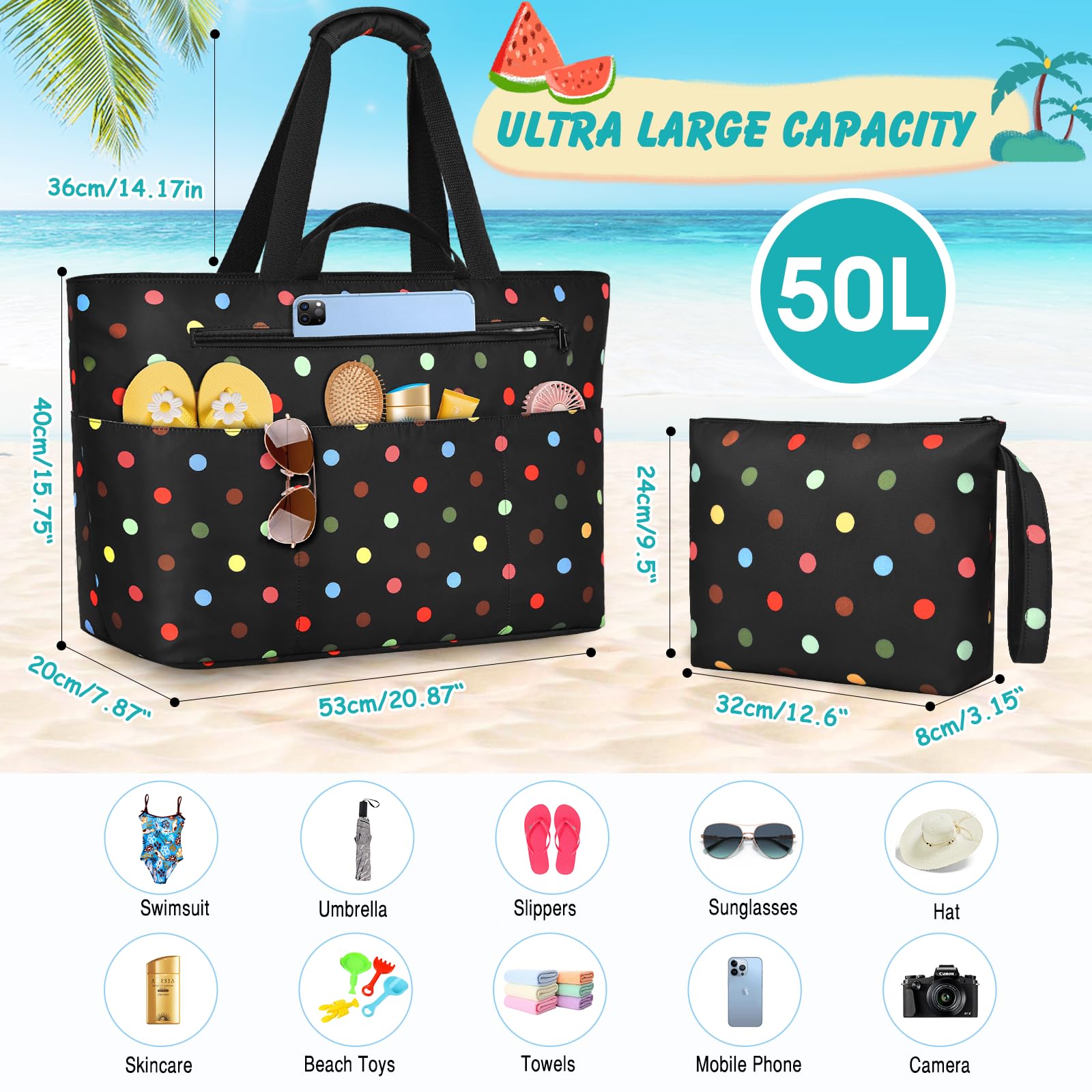 Strandtasche XXL Familie, Extra Groß Strandtasche Mit Reißverschluss Faltbare Badetasche Damen Wasserdicht Tote Bag Damen Herren Beach Bag Für Strand, Reisen, Urlaub. 50L