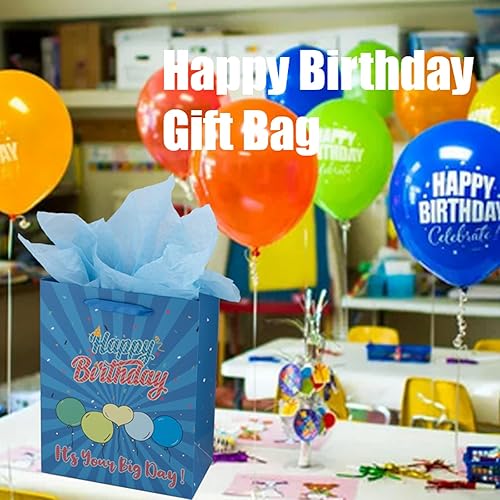Miniatura 6 de RNORRI Bolsa de regalo de cumpleaños azul, 13 pulgadas grande con papel de seda y tarjeta, reutilizable, ideal para fiestas, baby shower, niños,