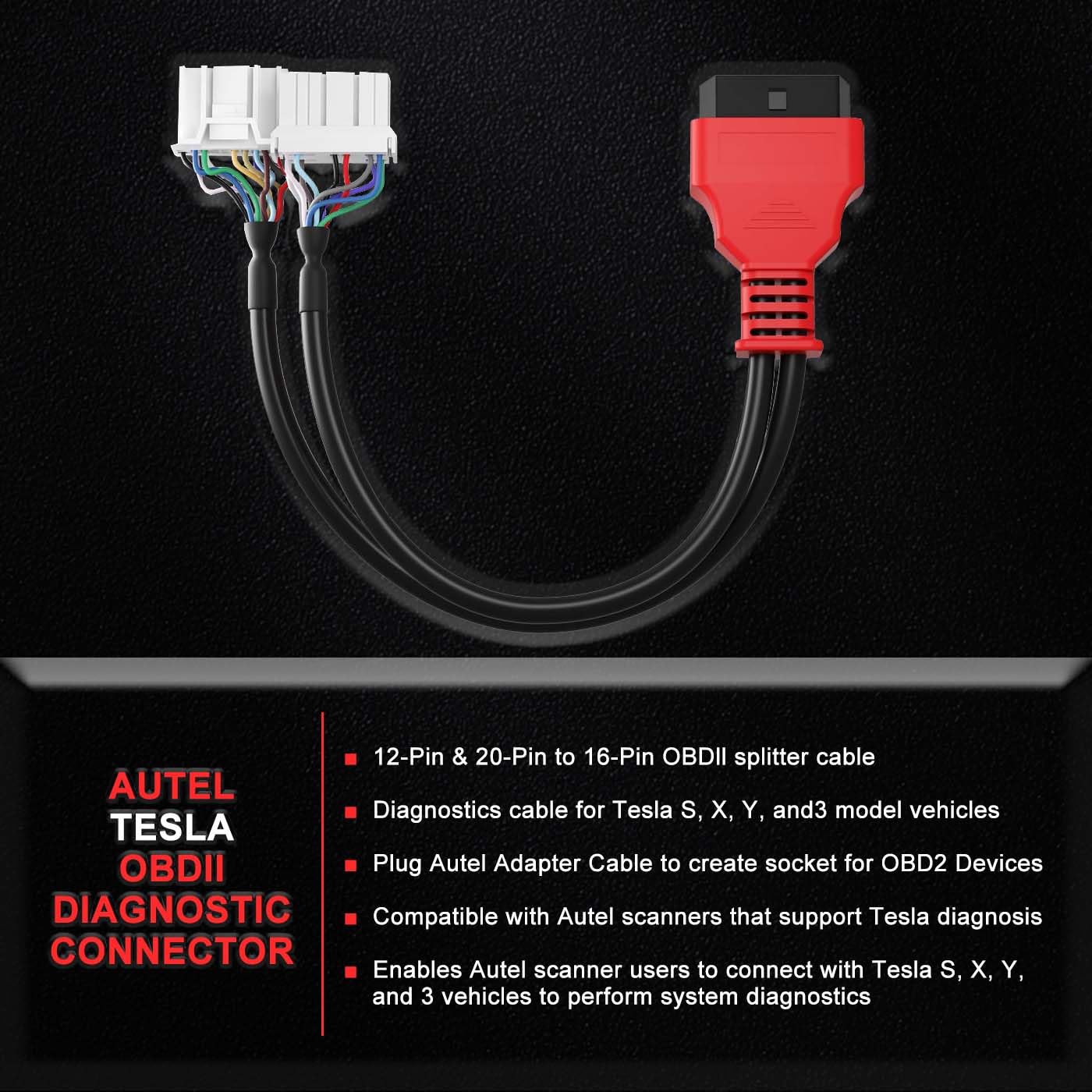 Autel Original Diagnostic Cable TCAN003 for Tesla Model 3, Y, S, X, Upgraded 20 Pin+12 Pin to 16 Pin OBDII Adapter, OBD2 Connector, Work with Scanner Ultra, MS919, MS909, Elite, MS908S PRO, MK908 PRO