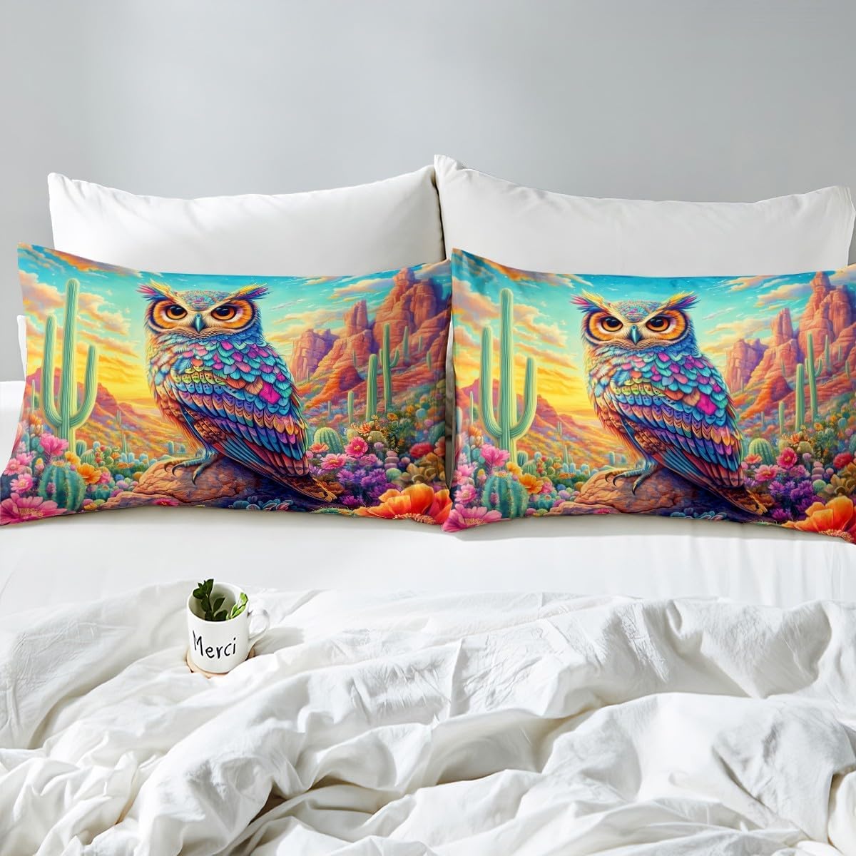 Owl Duvet Cover Set Toddler Size,Tropical Cactus Flowers Western Desert Bedding Set,Boys Girls Room Decor,Wildlife Jungle Animal Rustic Comforter Cover,Blue Green Quilt Cover,1 Pillowcase,No Filler
