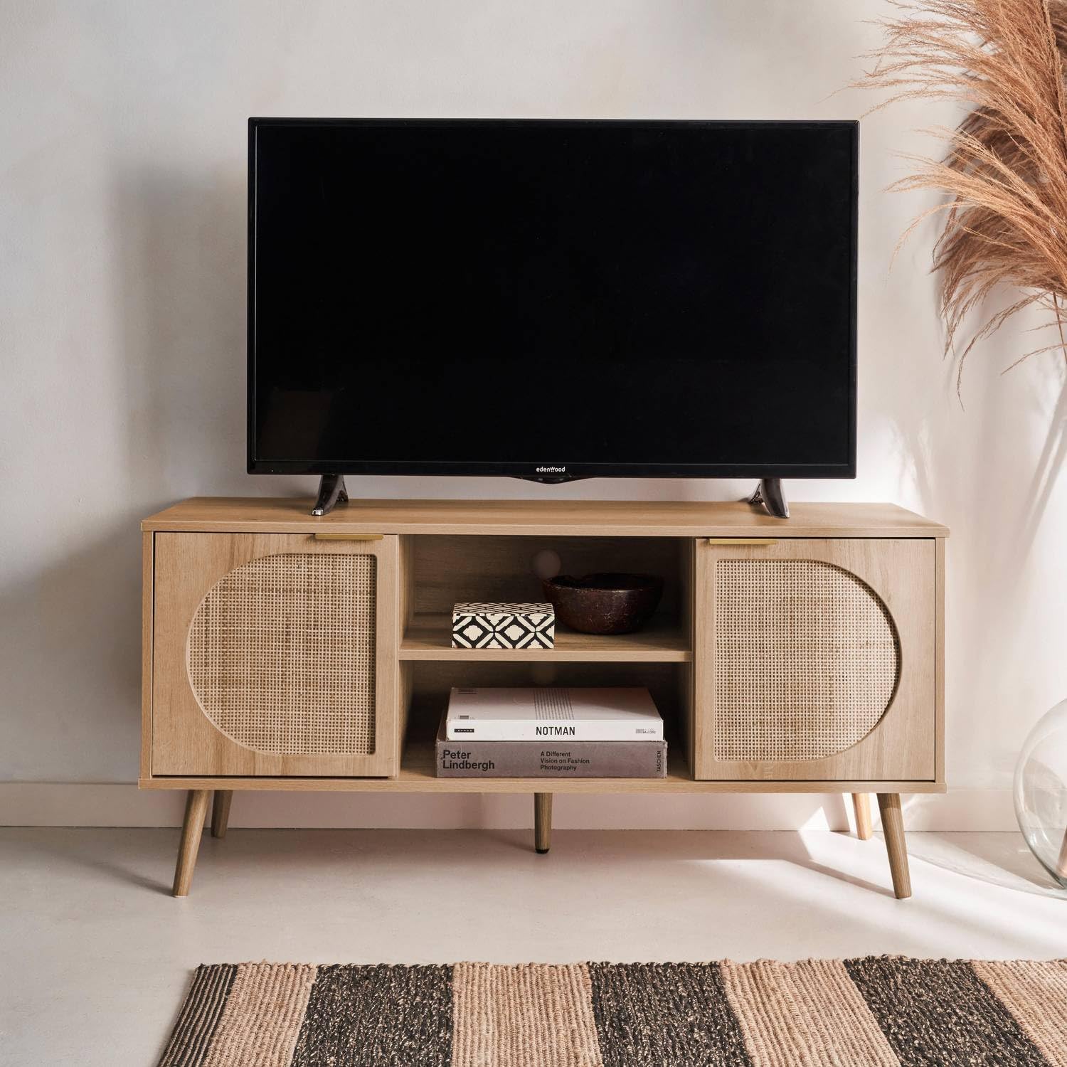 TV Unit woodenn Effect Rounded Cane Rattan 2 Doors | Natural Wood Finish, 3 Storage Drawers, Open Compartments, Living Room Furniture, Rustic Style-image-42