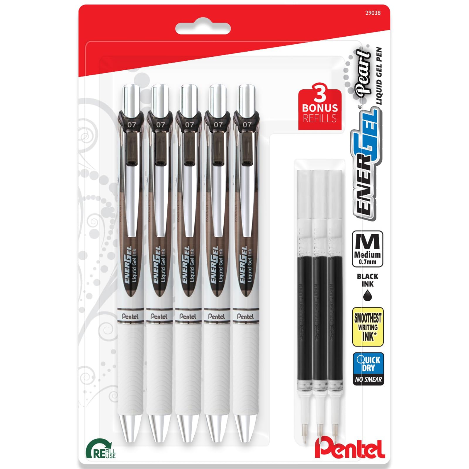 Pentel EnerGel 0.7 Pearl RTX Retractable Black Liquid Gel Pen - Medium Point - Needle Tip - Pack of 5 +3 Refills